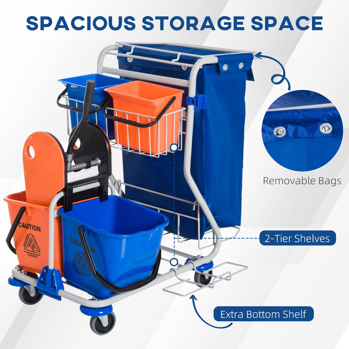 Cleaning Trolley 4 Buckets Mop System Wheels, Blue/Orange