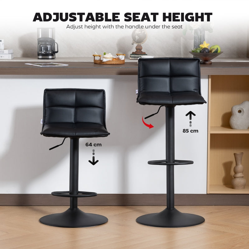 Set of Two Modern Bar Stools Adjustable Swivel Black Faux Leather