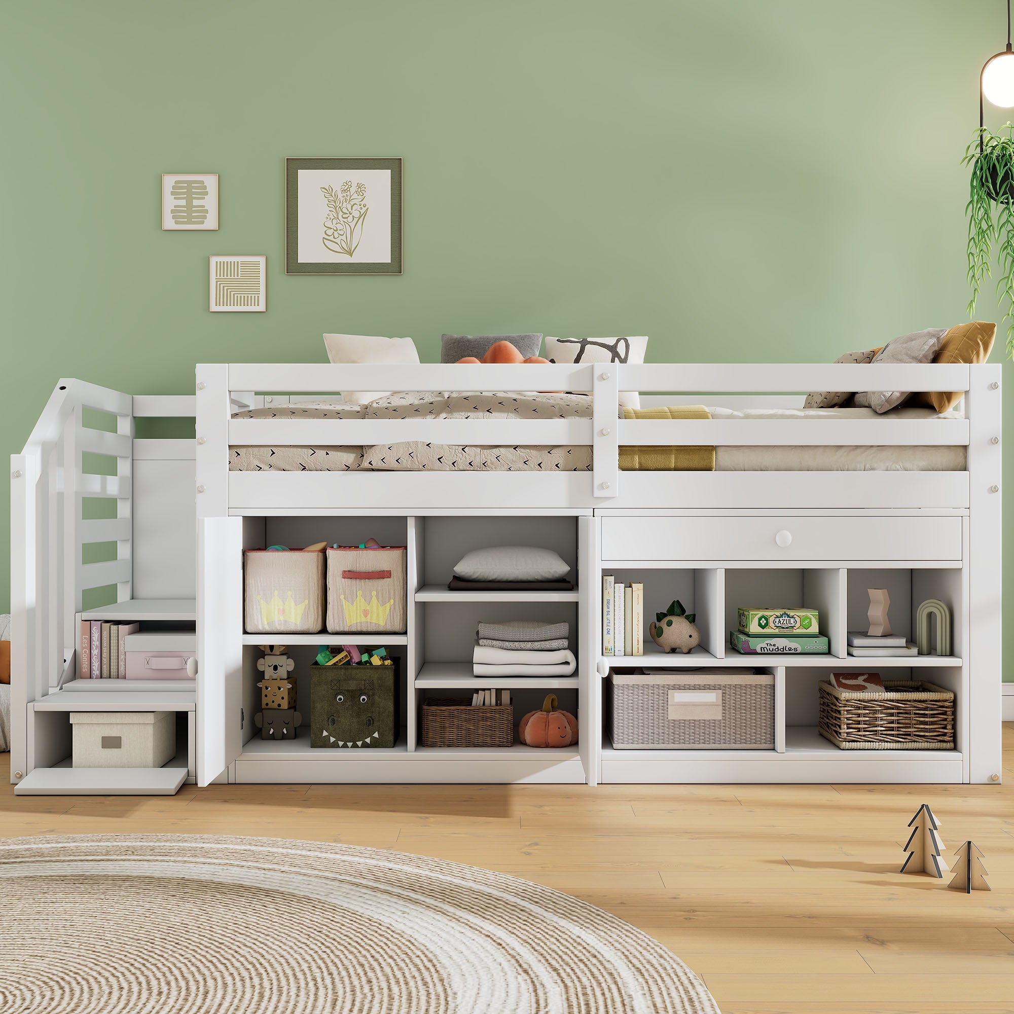 Multifunctional Children's Bed with Stairs, Storage and Reversible Desk, 90x200cm, White Wood