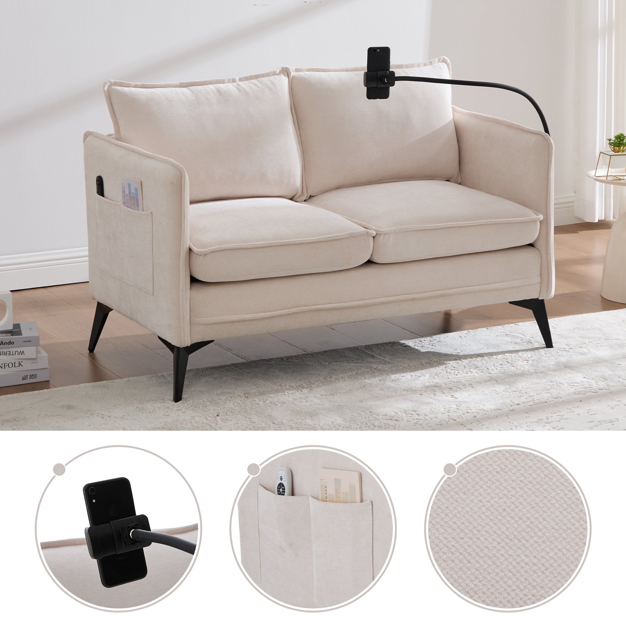 Modern Double Sofa, Small Fabric Armchair with Storage & Phone Holder