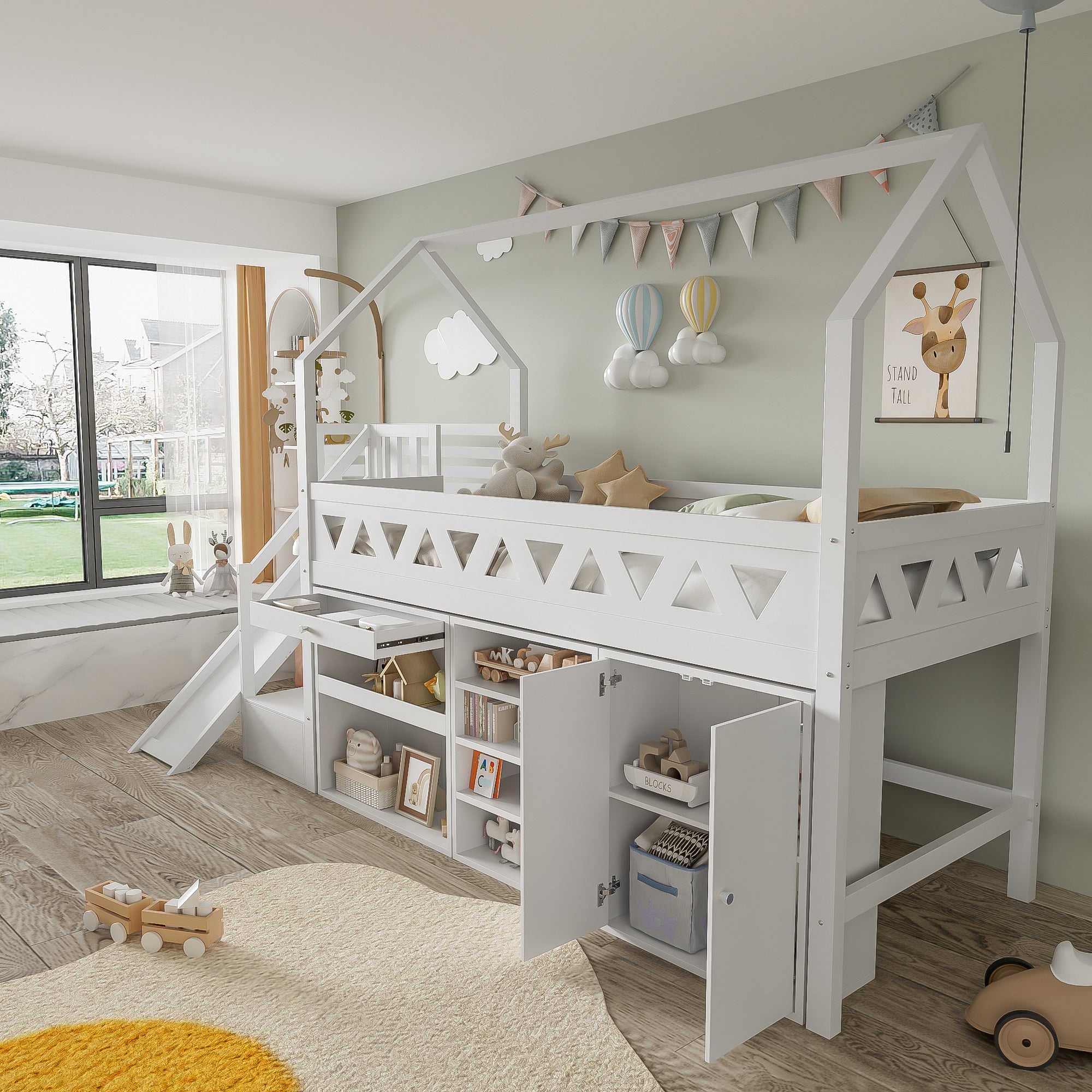 Children's Single Bed - Multifunctional Solid Wood Bed Frame with Slide, Stairs, Storage Drawers, and Magnetic Locker Door - White