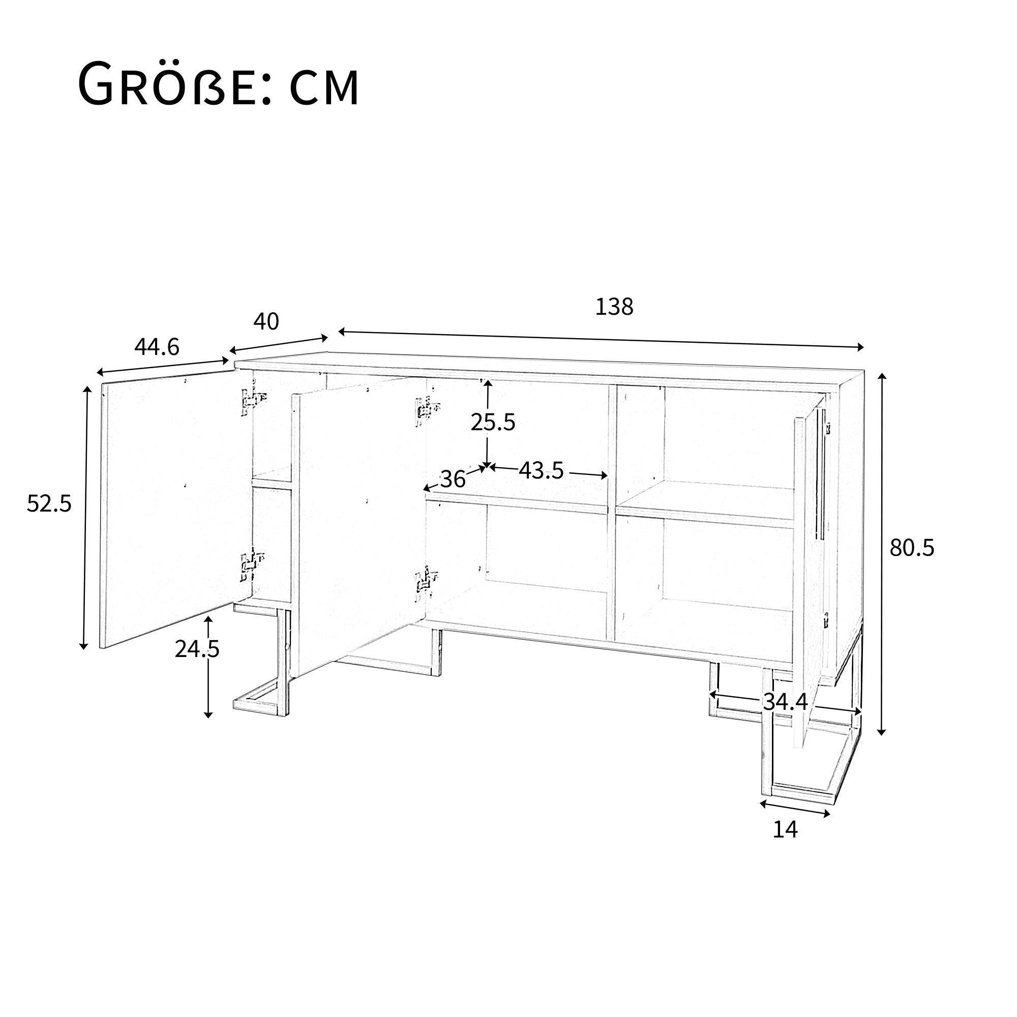Sideboard, 3-Door with Adjustable Shelves, U-Shaped Cabinet Doors, Metal Handles, White