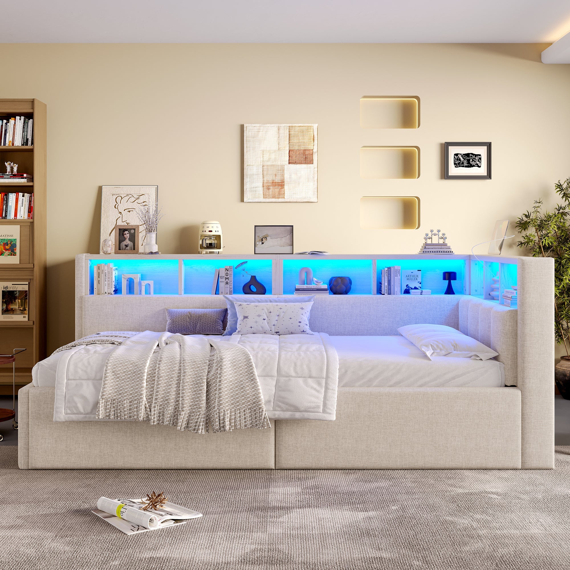 Daybed with USB Ports, Hydraulic Storage and LED, 90x200cm, Beige Linen