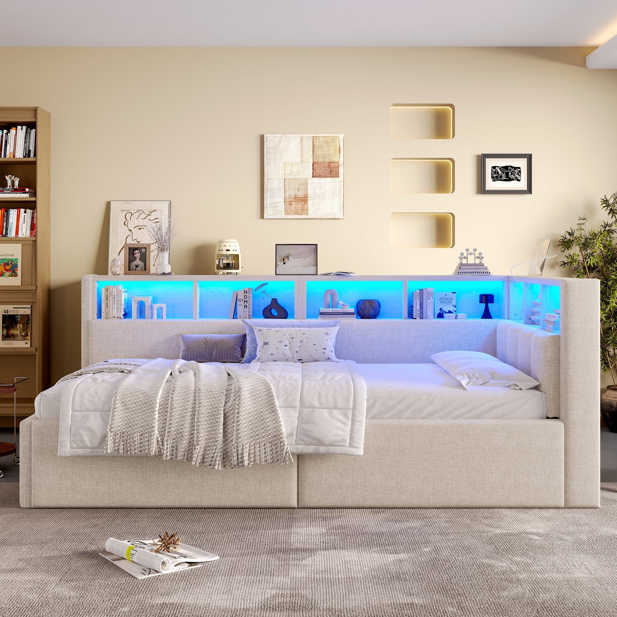 Daybed with USB Ports, Hydraulic Storage and LED, 90x200cm, Beige Linen