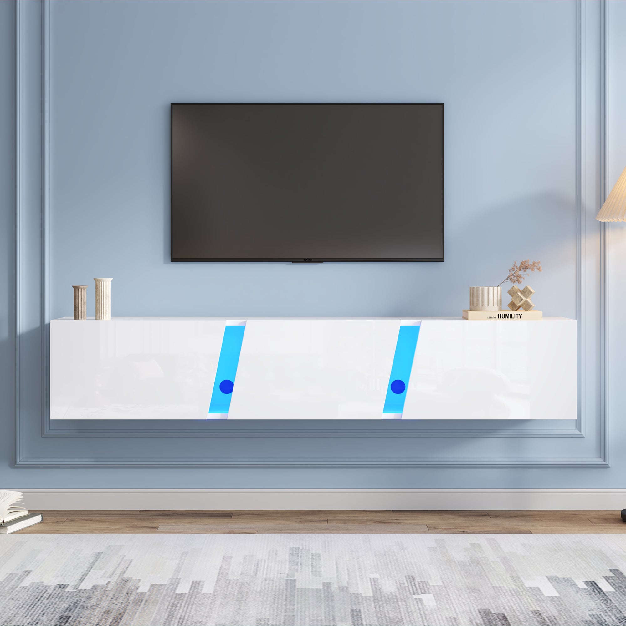 TV Cabinet 180cm Wall-Mounted Lowboard with LED Lights, 3 Doors, White