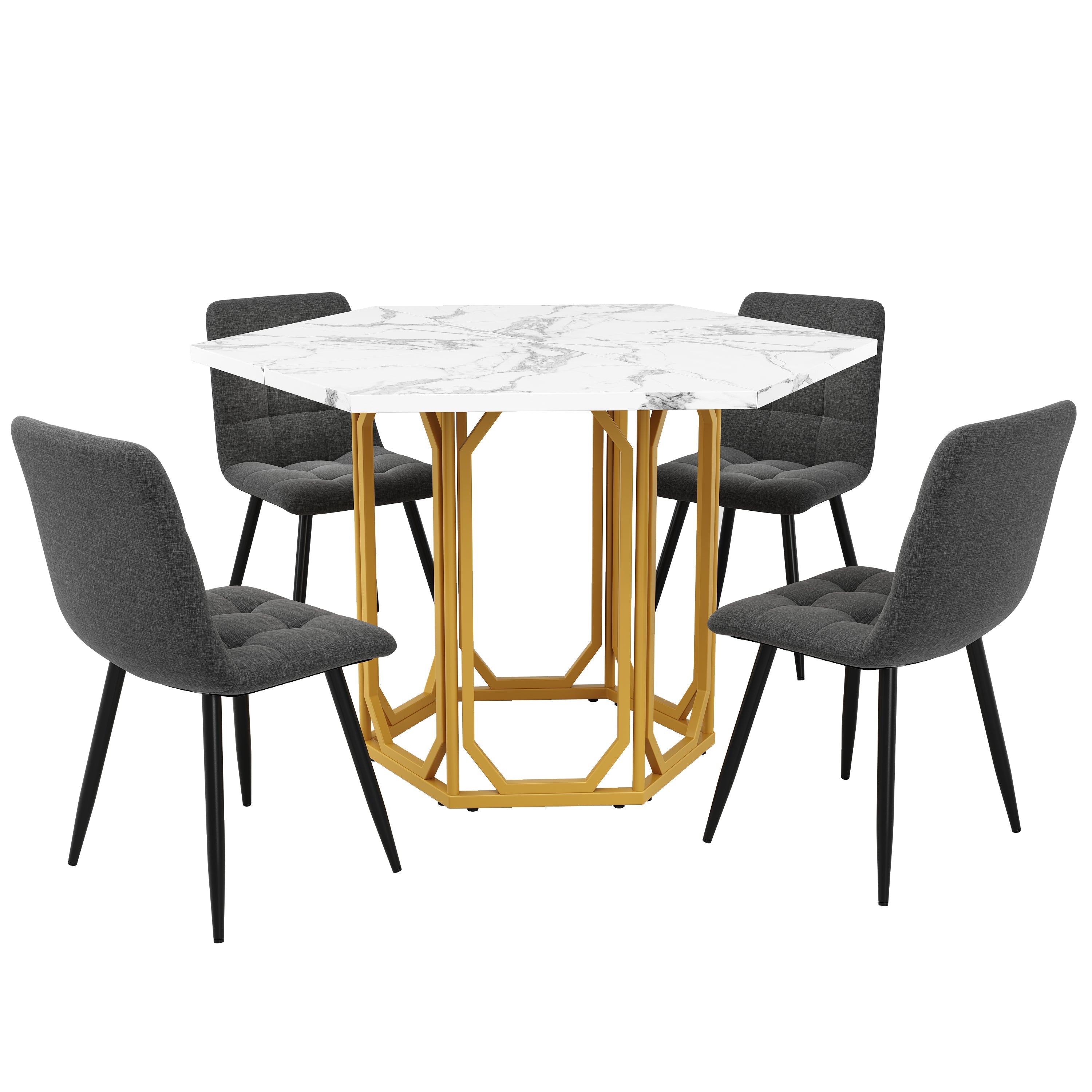 Dining Set 5-Piece Hexagonal Marble Top - Grey