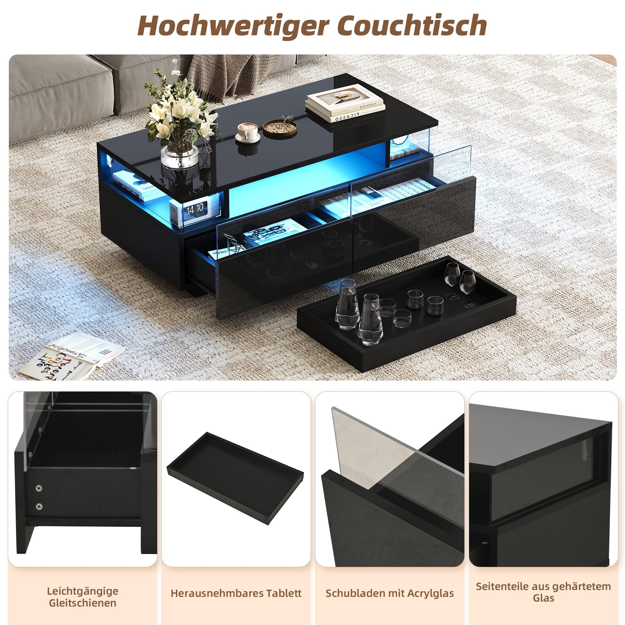 Coffee Table with Tray, High-Gloss, 2 Drawers, Tempered Glass, LED Light, Black