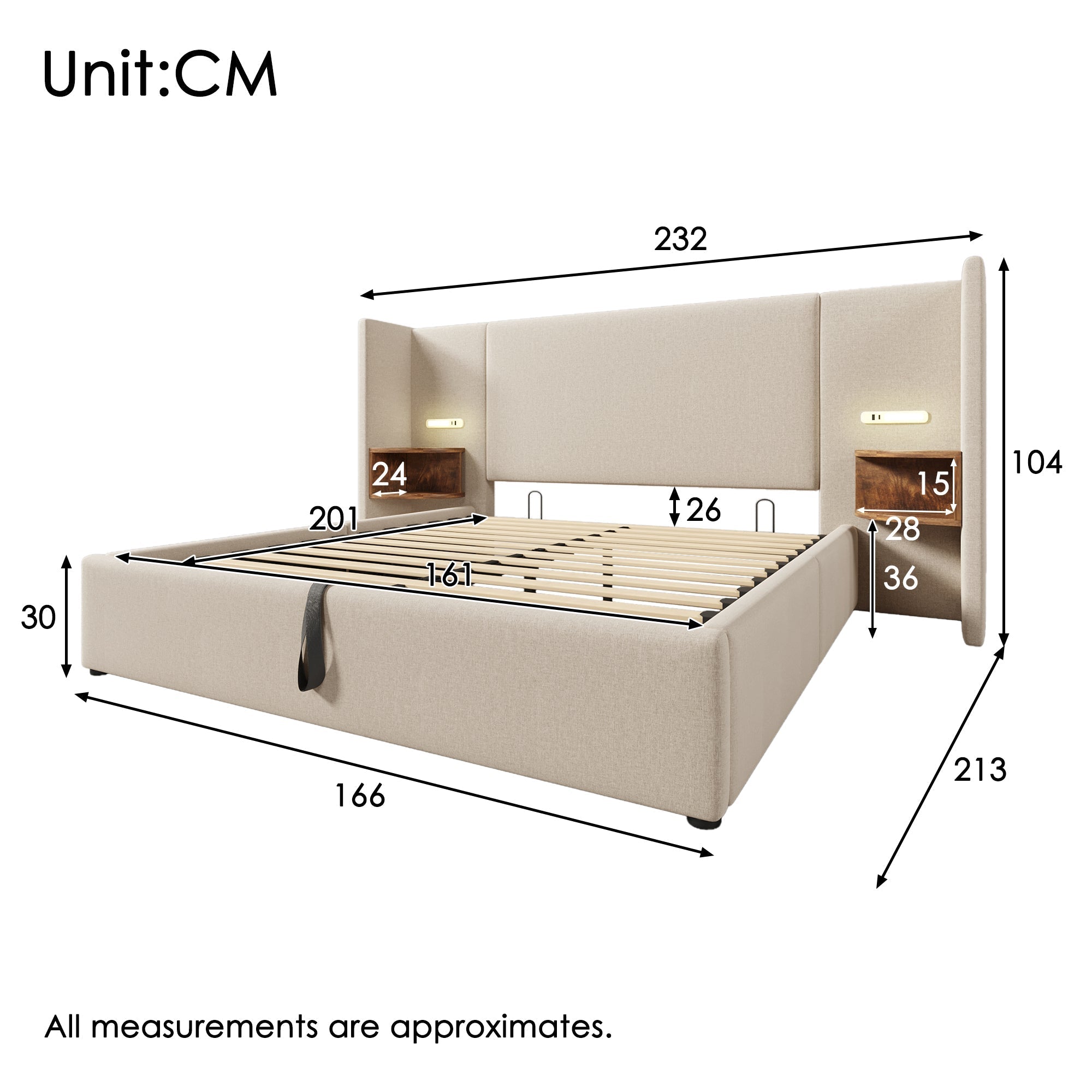 Upholstered Double Bed, 160x200, with Bedside Table, Reading Lamp & USB-C Charging, Beige Linen