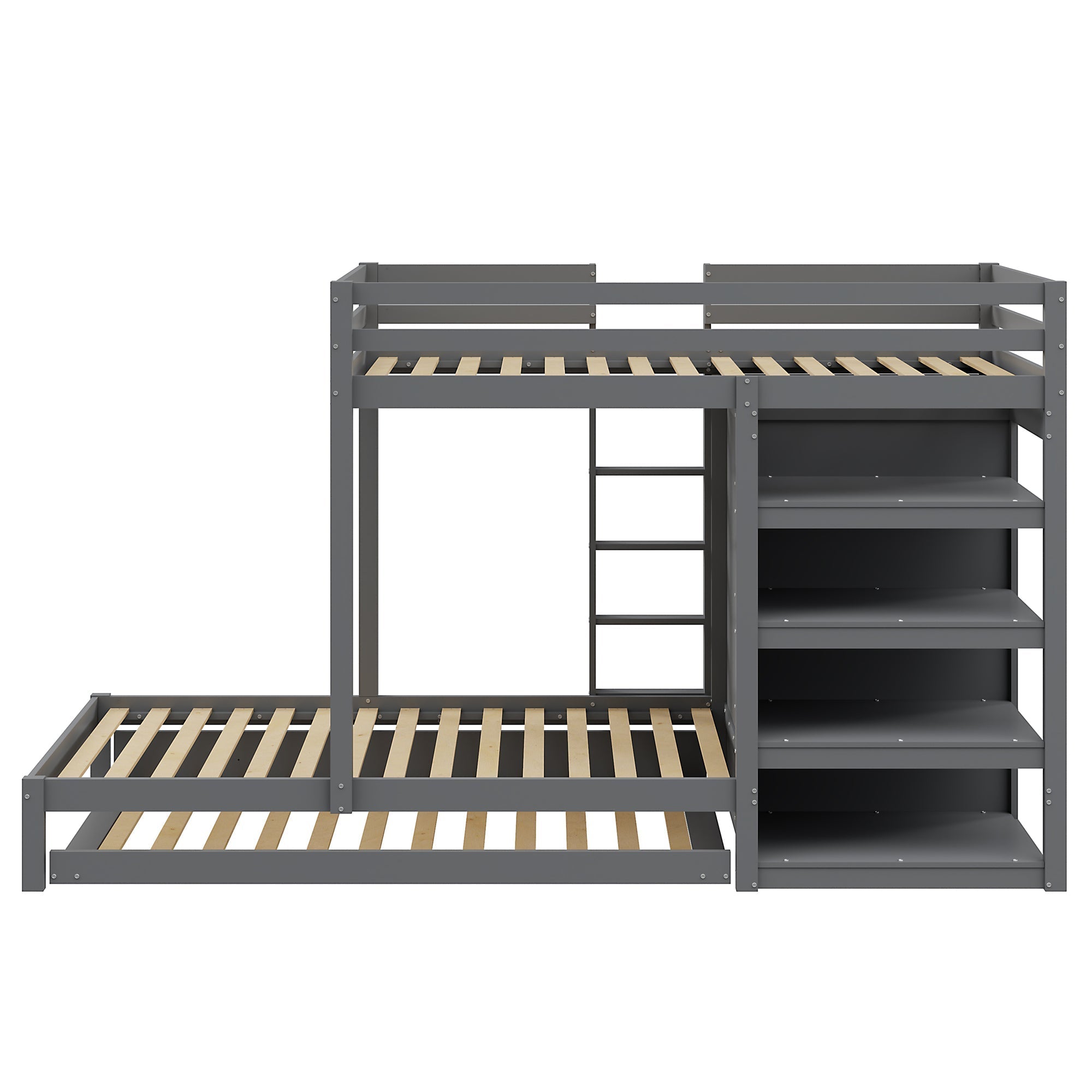 Bunk Bed, 90x200 Pull-Out, Multifunctional with Wardrobe, Drawers & Storage, Solid Wood Grey