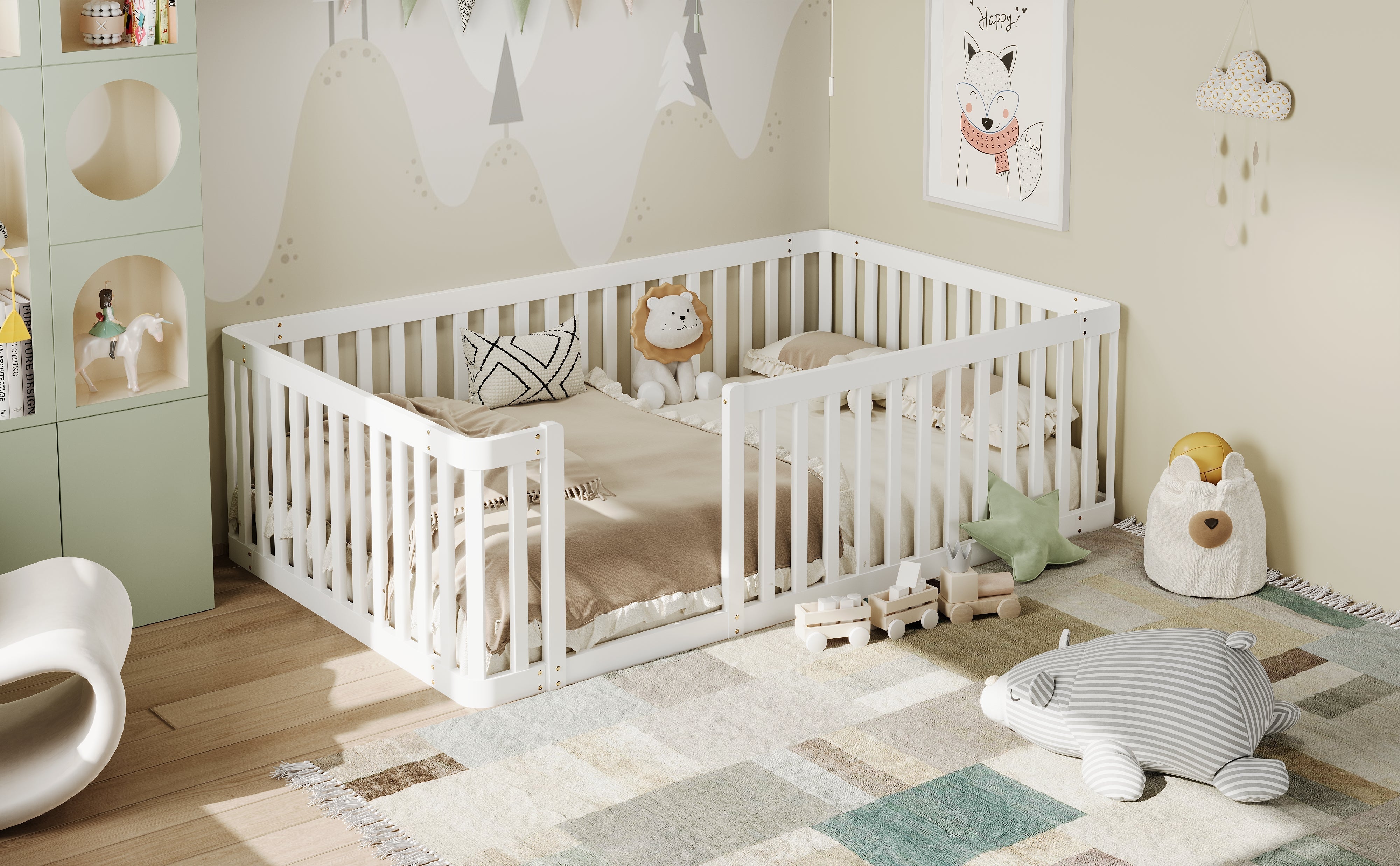 Wooden Bed Frame with Safety Fence, 90x200cm, White Pine Wood