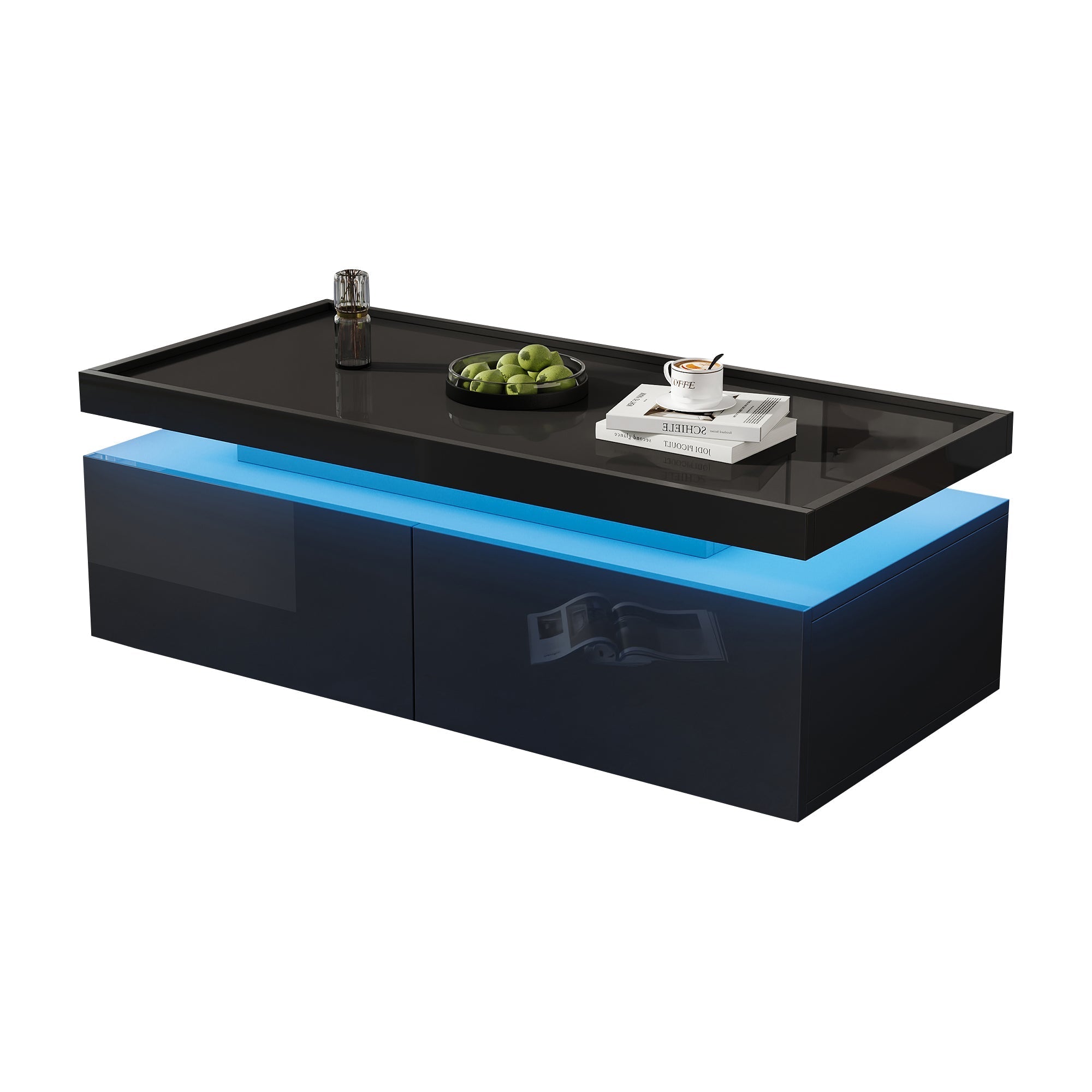Coffee Table 95x45x35cm, LED, 2 Drawers, High-Gloss, Black