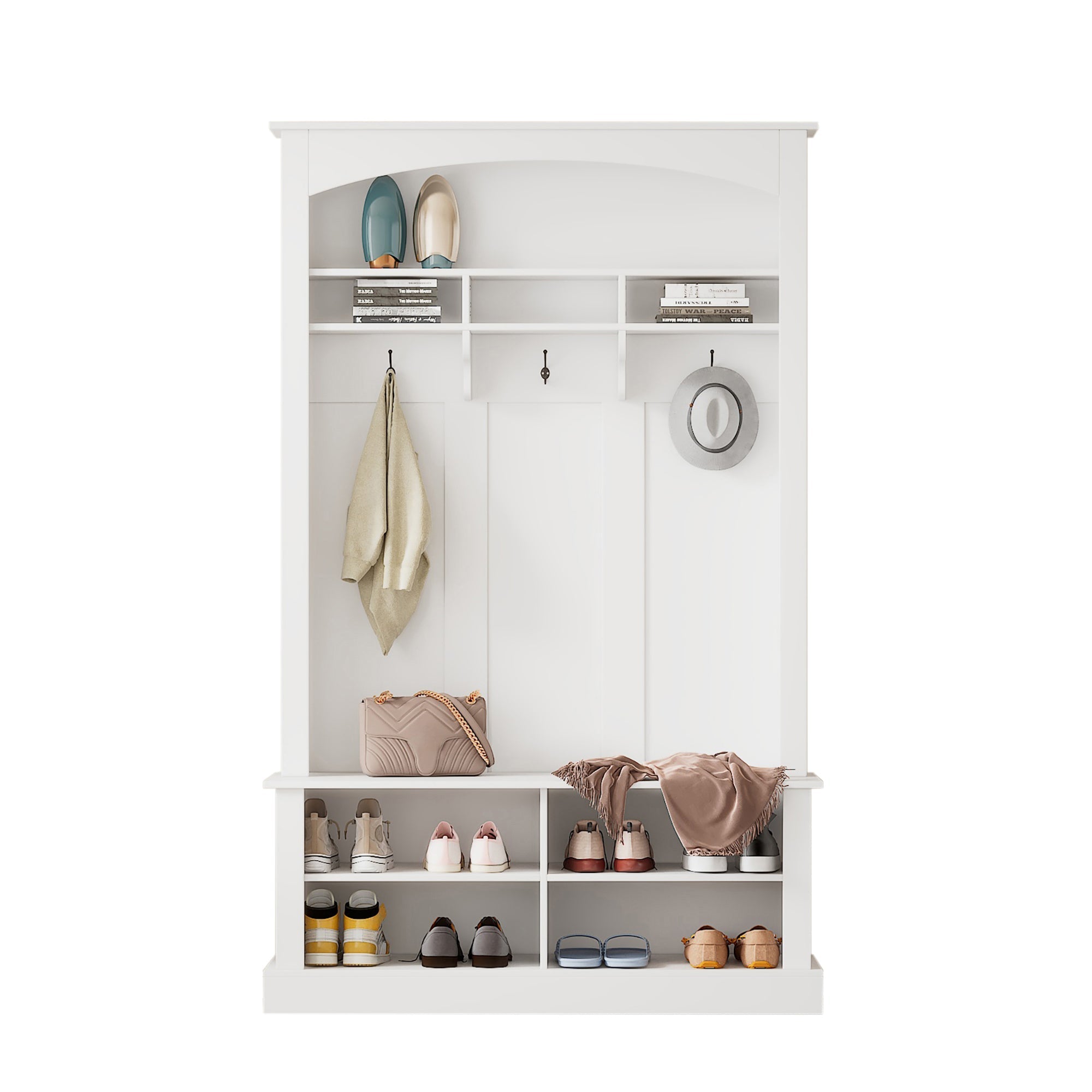Wardrobe set with bench and shoe rack, multifunctional, storage, white