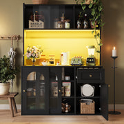 Kitchen Cabinet Tall Display Sideboard w/ Adjustable Shelves, LED Lighting, White/Black