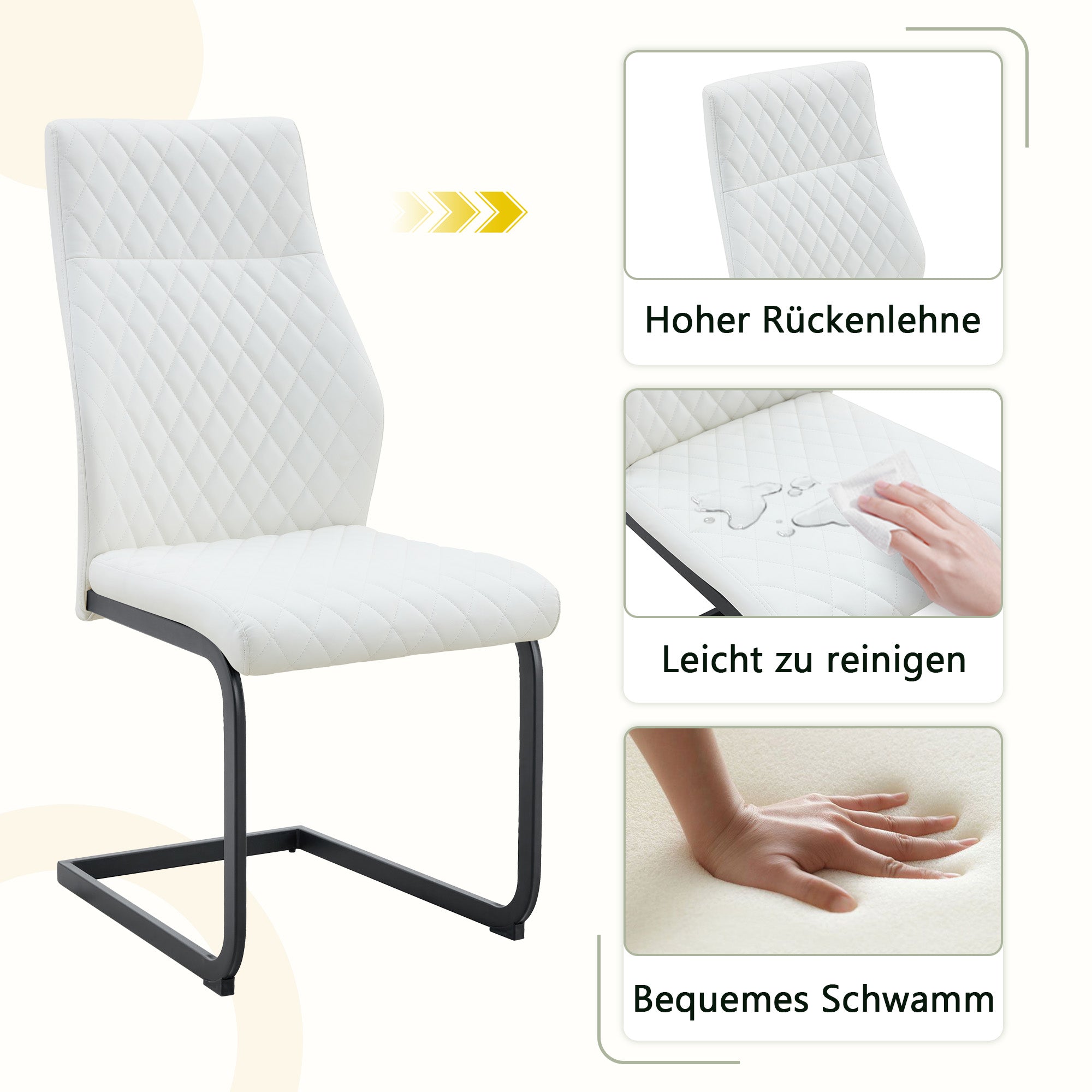 Dining Chairs Set of 2 with High Backrest and Diamond Pattern, White PU Leather and Metal