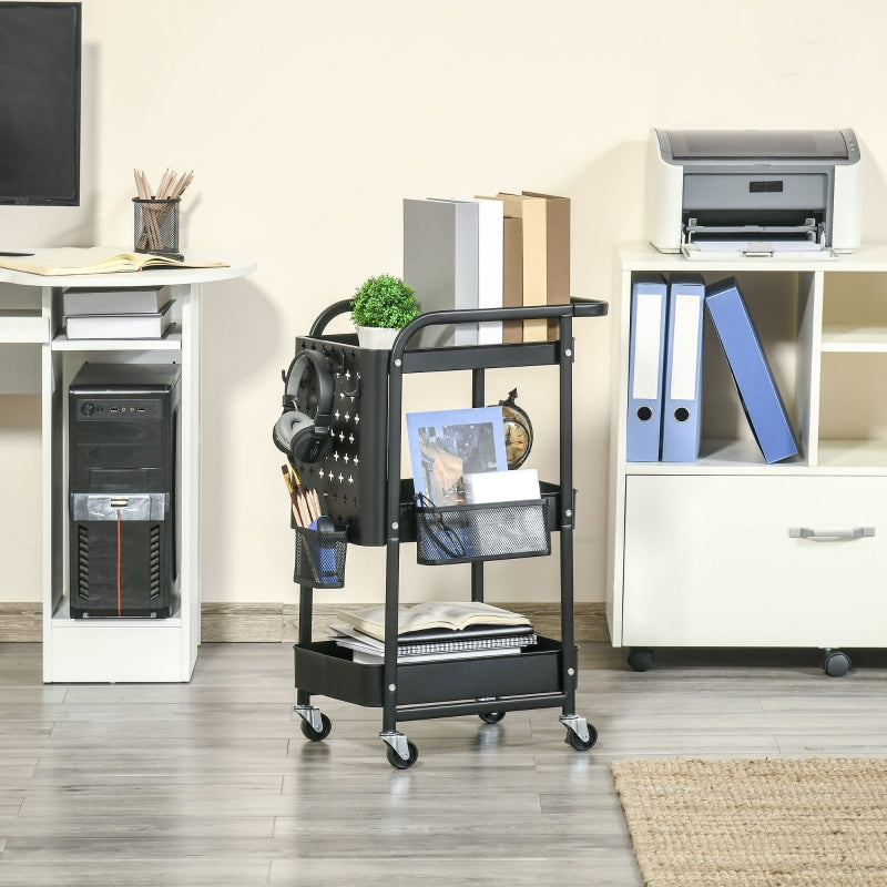 Kitchen Trolley with Perforated Board & Towel Holder, Storage Baskets, Black