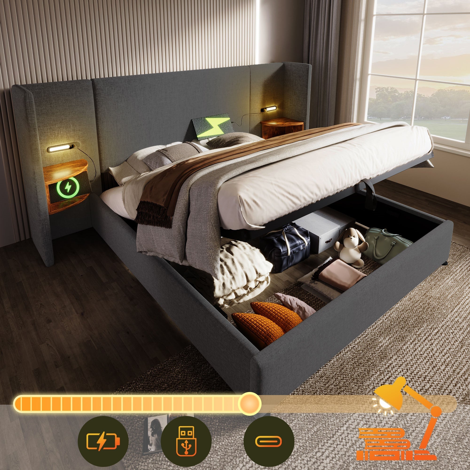 Upholstered Double Bed 180x200 with Bedside Table, Reading Lamp, USB-C Charging, Storage Frame, Solid Wood & Metal, Gray Linen