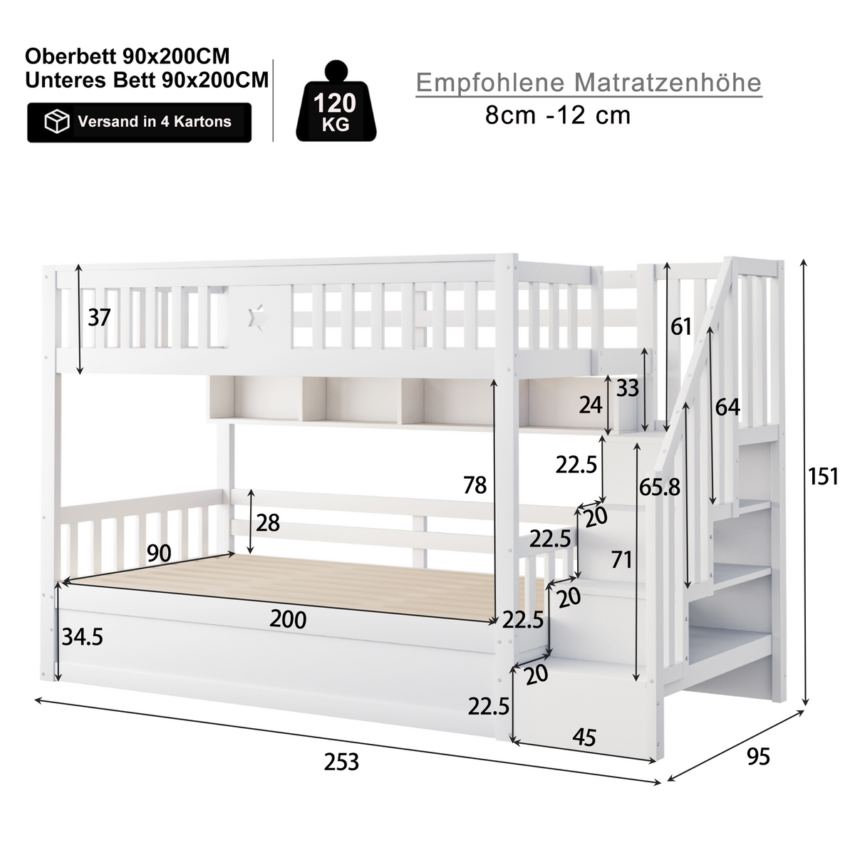 Wooden Bed 90x200cm, Hydraulic Storage, Stairs, Shelves, Loft/Bunk/Youth Bed, White