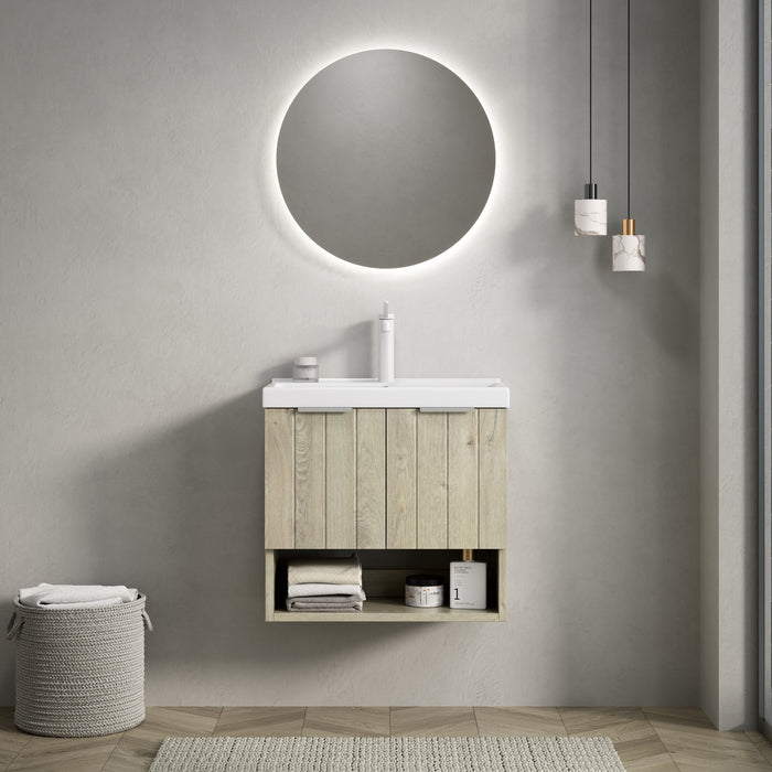 Wall-mounted Bathroom Vanity Unit with Ceramic Sink and Open Shelf, 55cm, Oak Cream