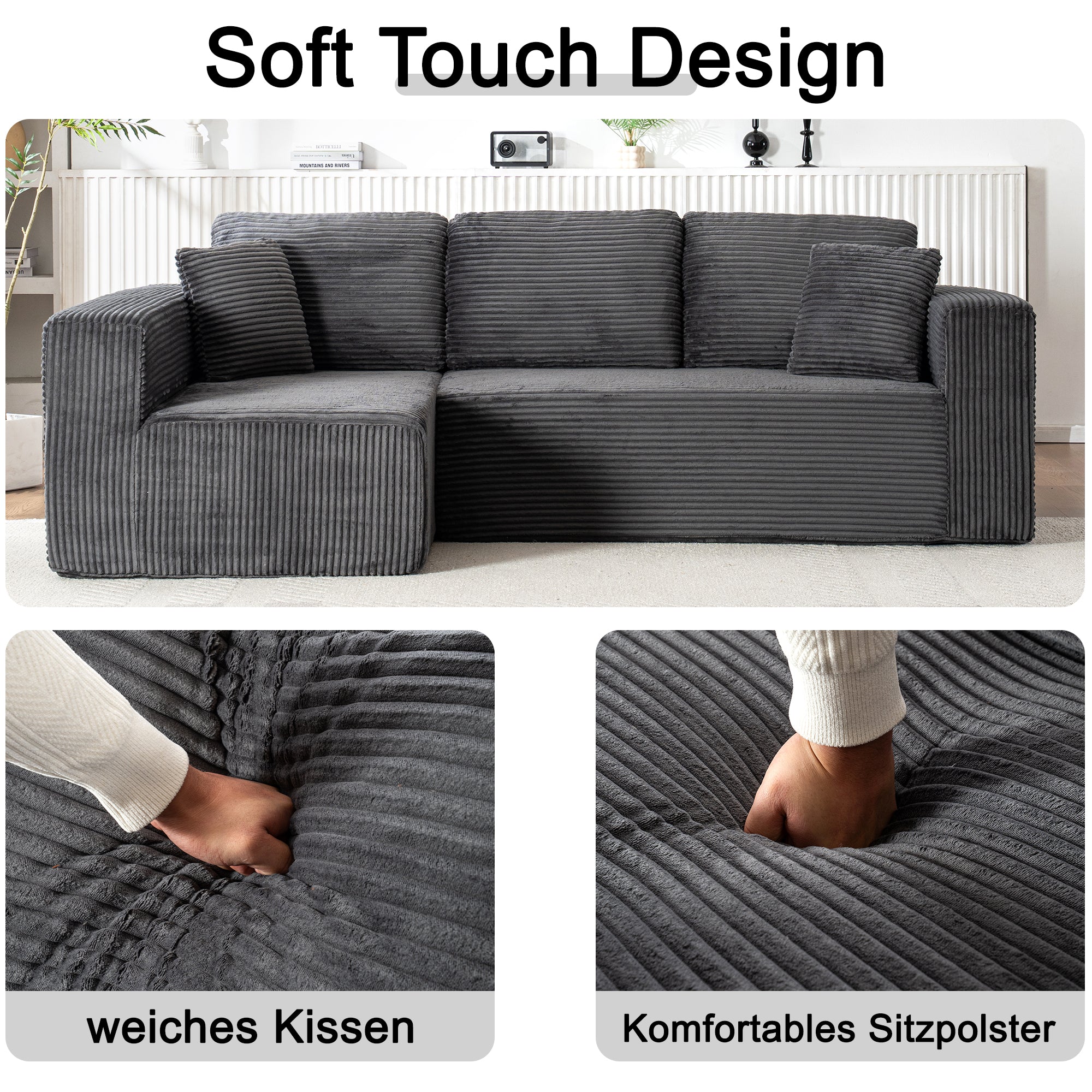 Modern Modular L-Shaped Cloud Sofa, Wide Armchair with Chaise Lounge and No Assembly, Core Fabric Material