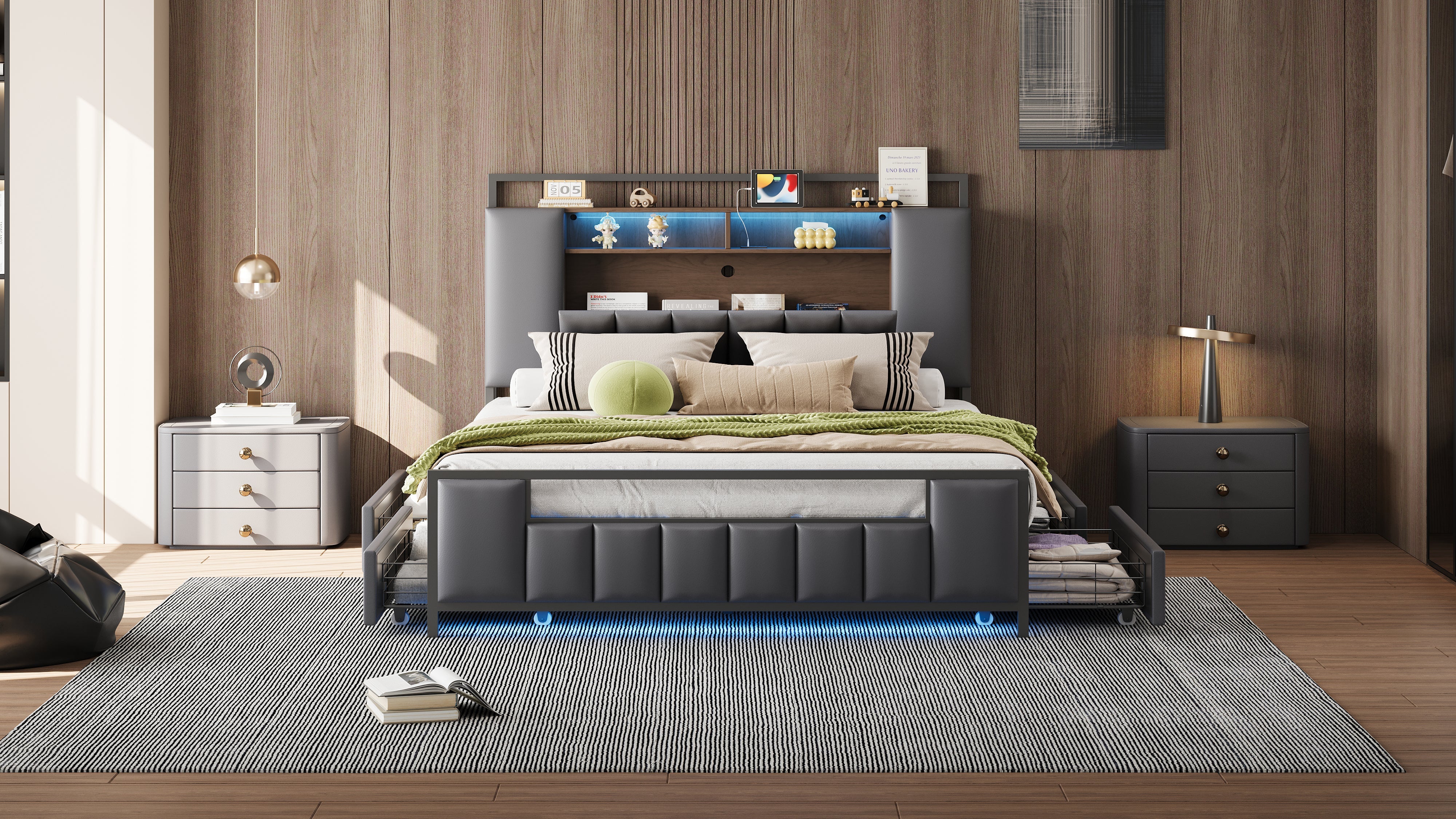 Upholstered Bed, Multifunctional with LED & USB, Drawers, Faux Leather Grey
