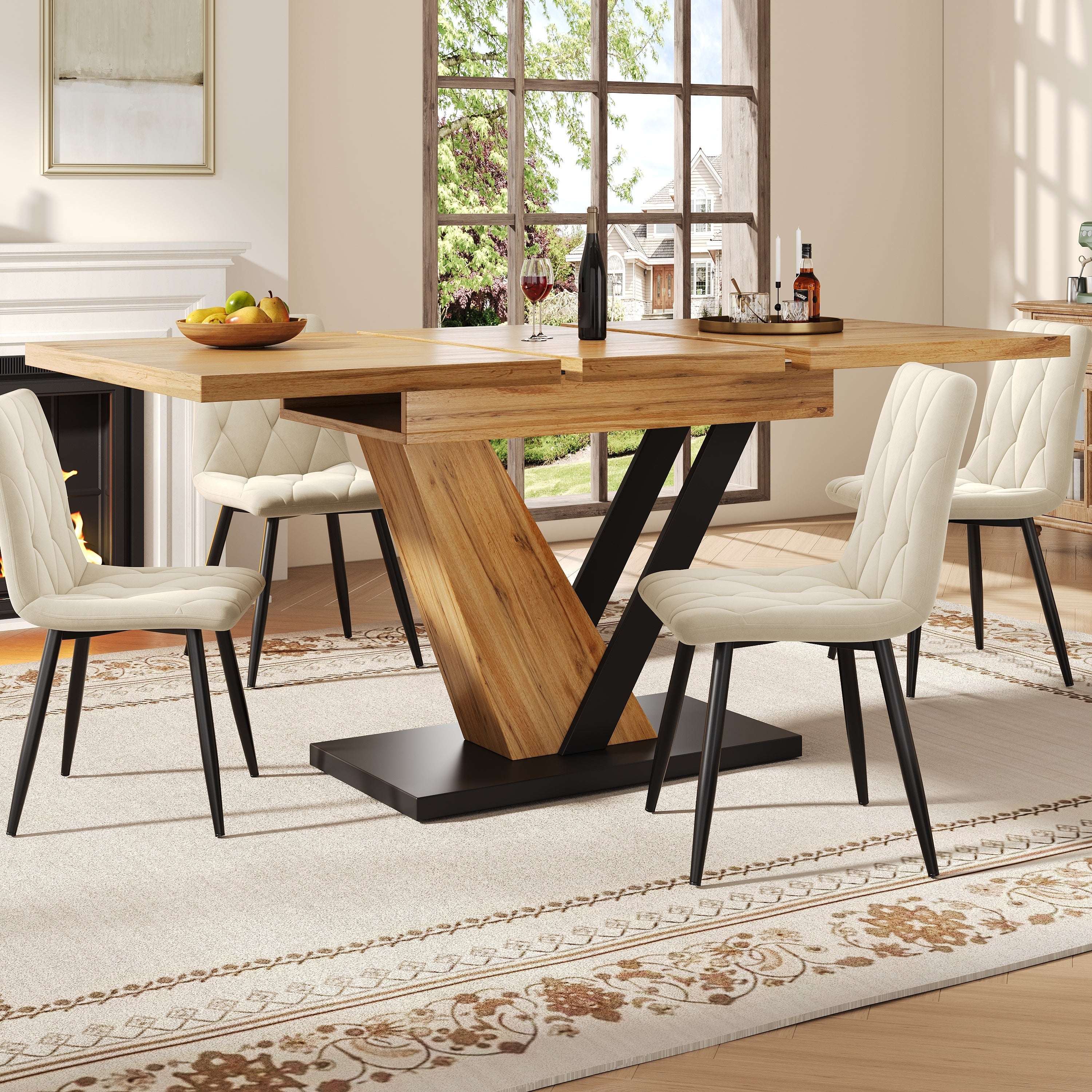 Extendable Dining Table with Internal Leaves and Seats 4-6, Wood Grain Finish