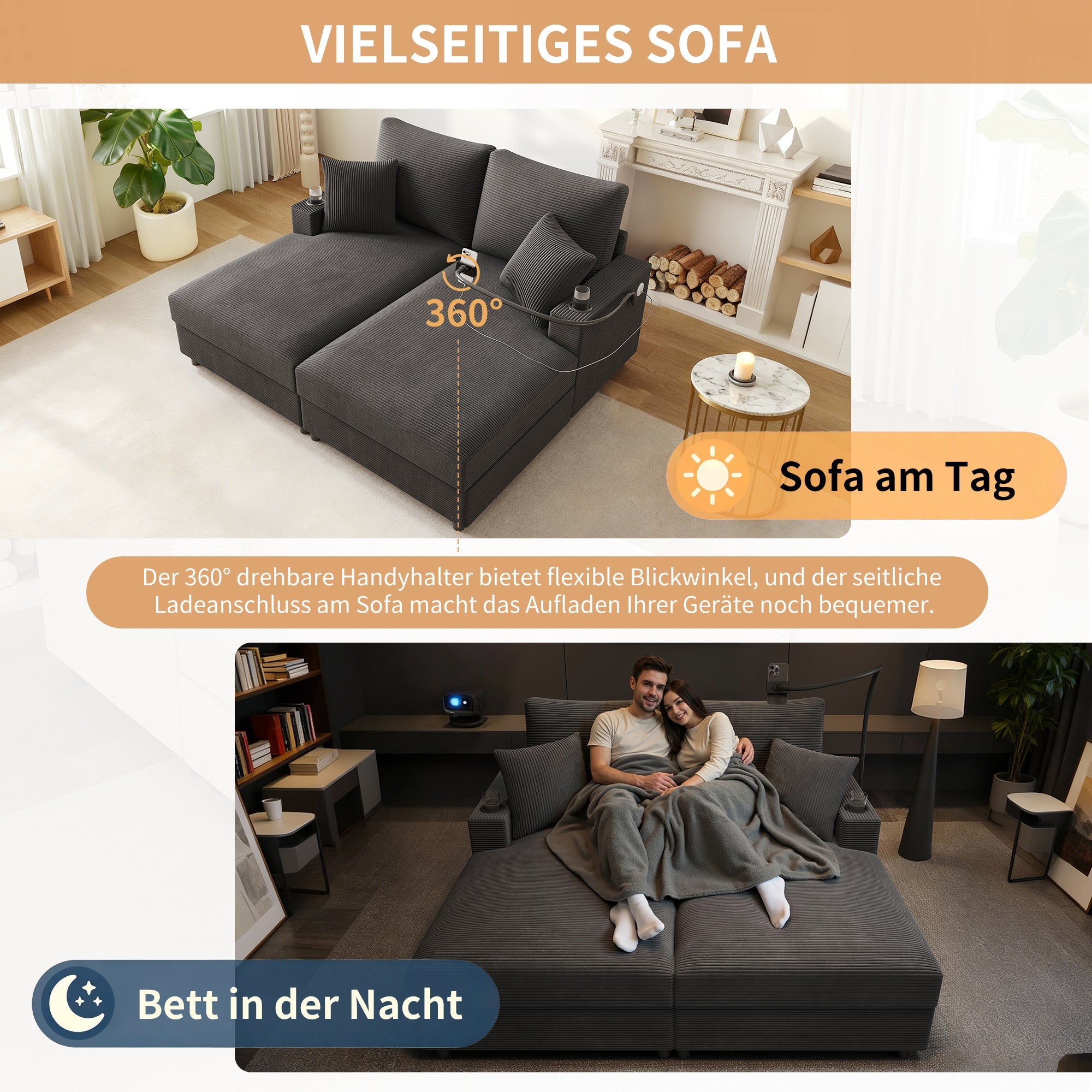 Double Sofa Bed with Mobile Holder, USB Port, and Cup Holder, Gray