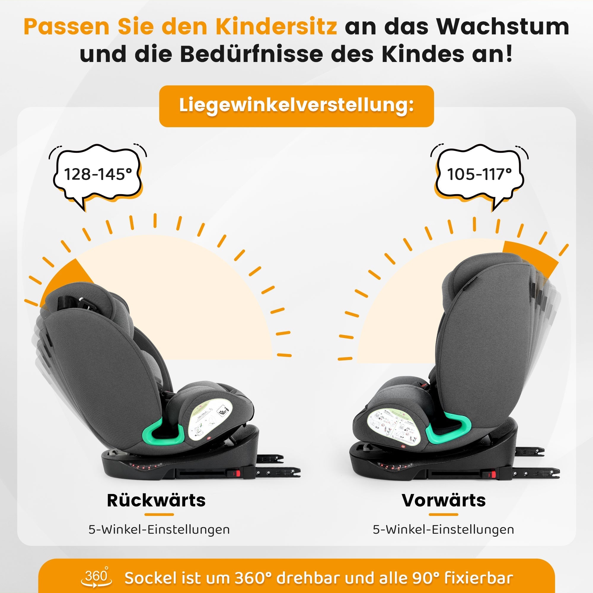 Child Car Seat 360° Rotating ISOFIX i-Size 40-150cm - Grey