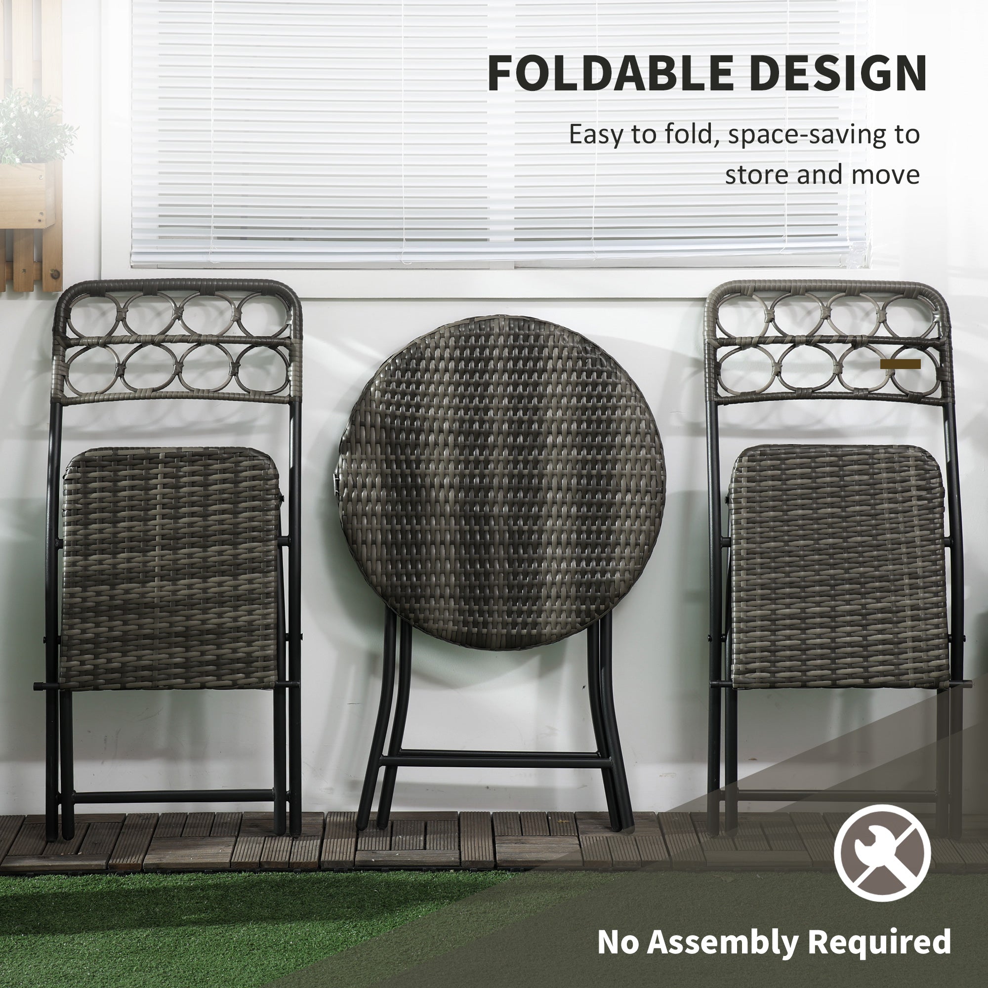 3 Piece Bistro Set, Wicker Folding Garden Furniture, Grey