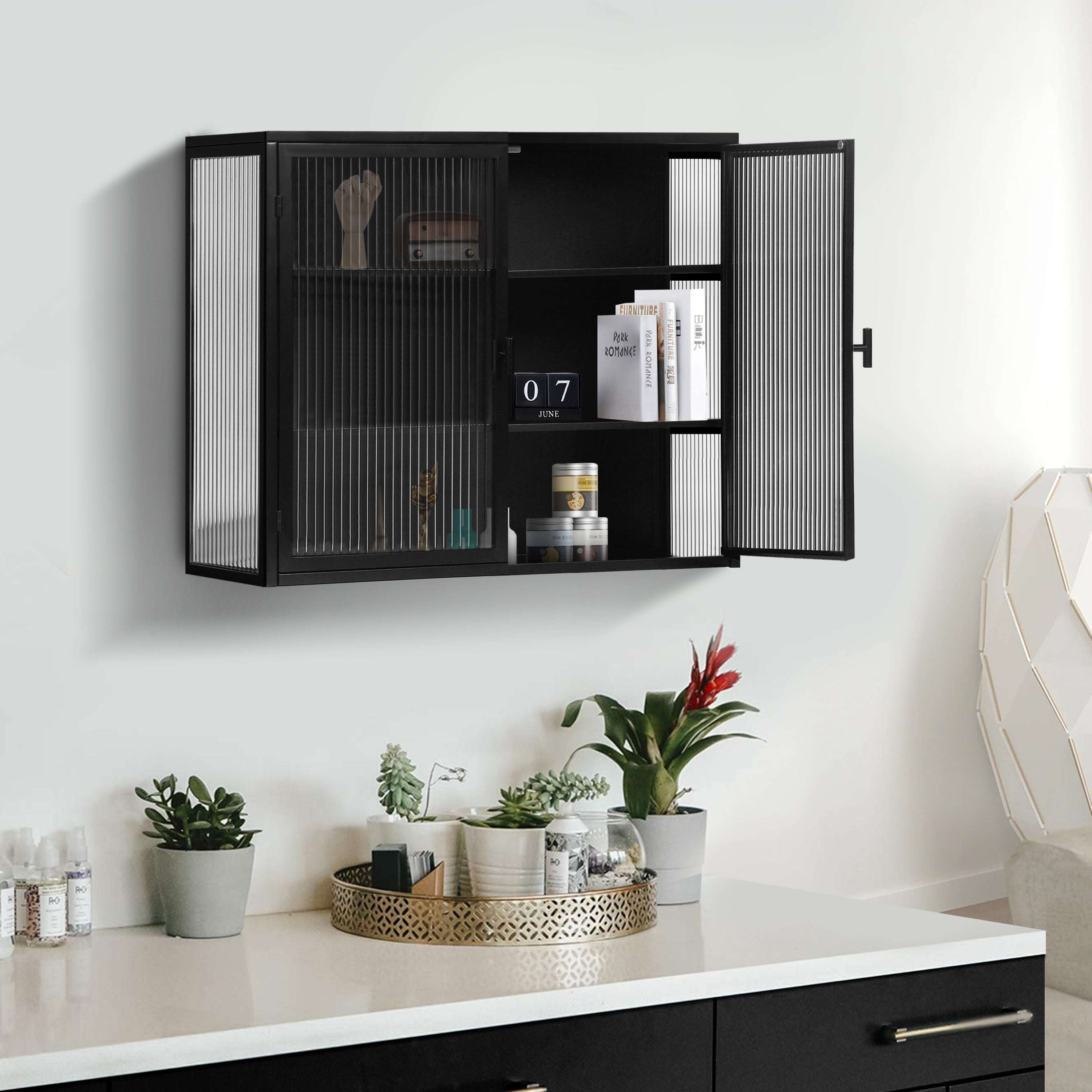 Wall Cabinet 70cm Glass Door Two-Door Three-Tier Storage, Black