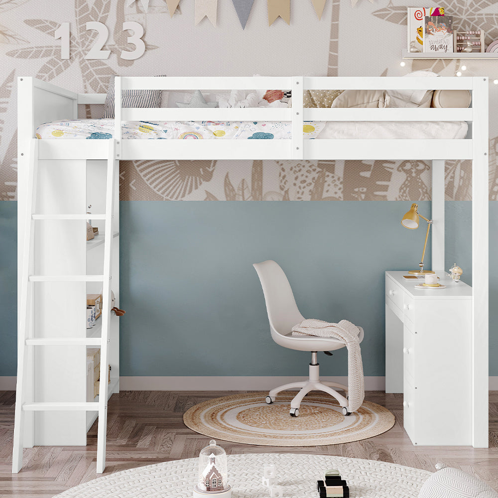 Wooden Bed with 4-Step Ladder, Desk & Drawers, 3FT 90x190cm, White