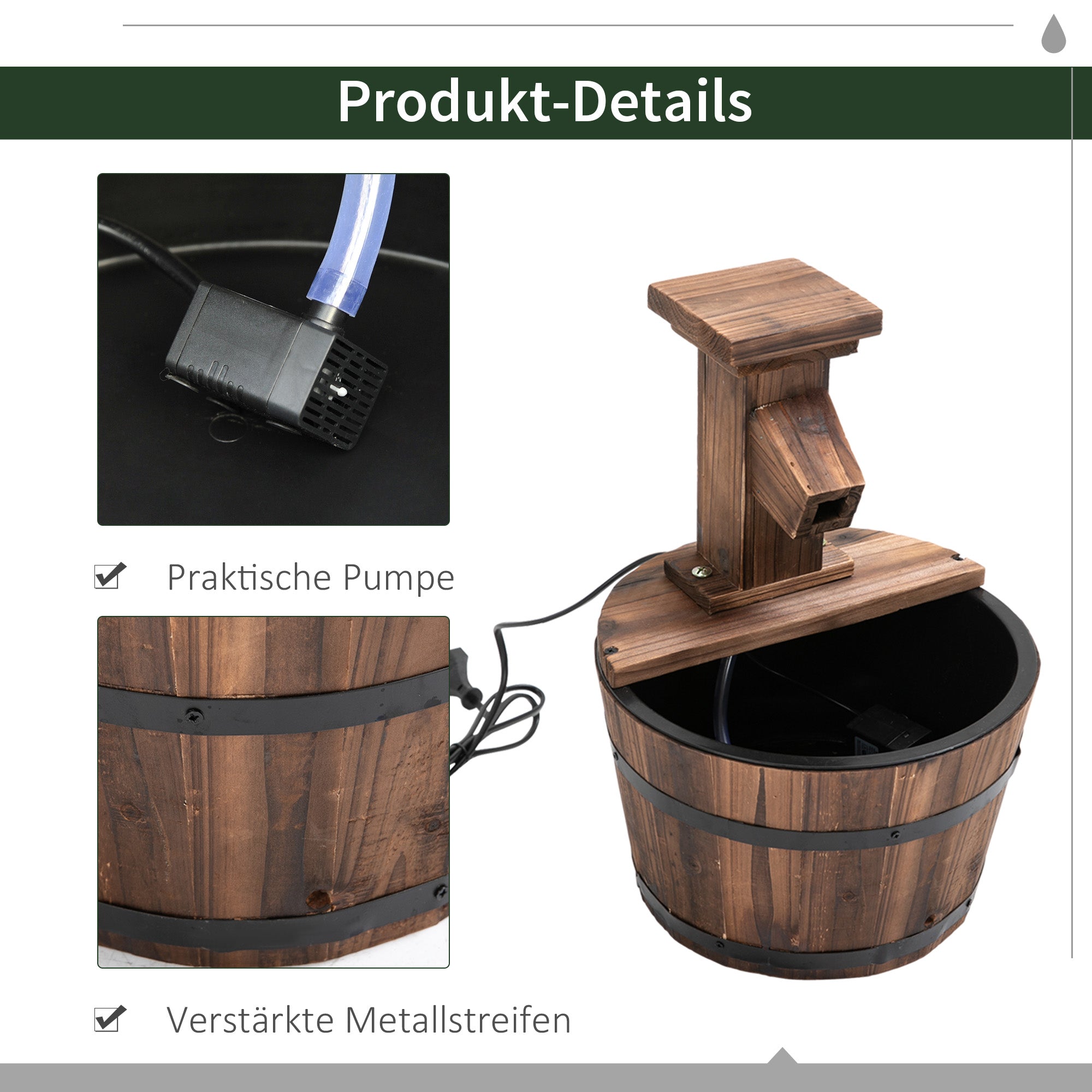 garden fountain decorative barrel waterfall fir wood and metal dark brown