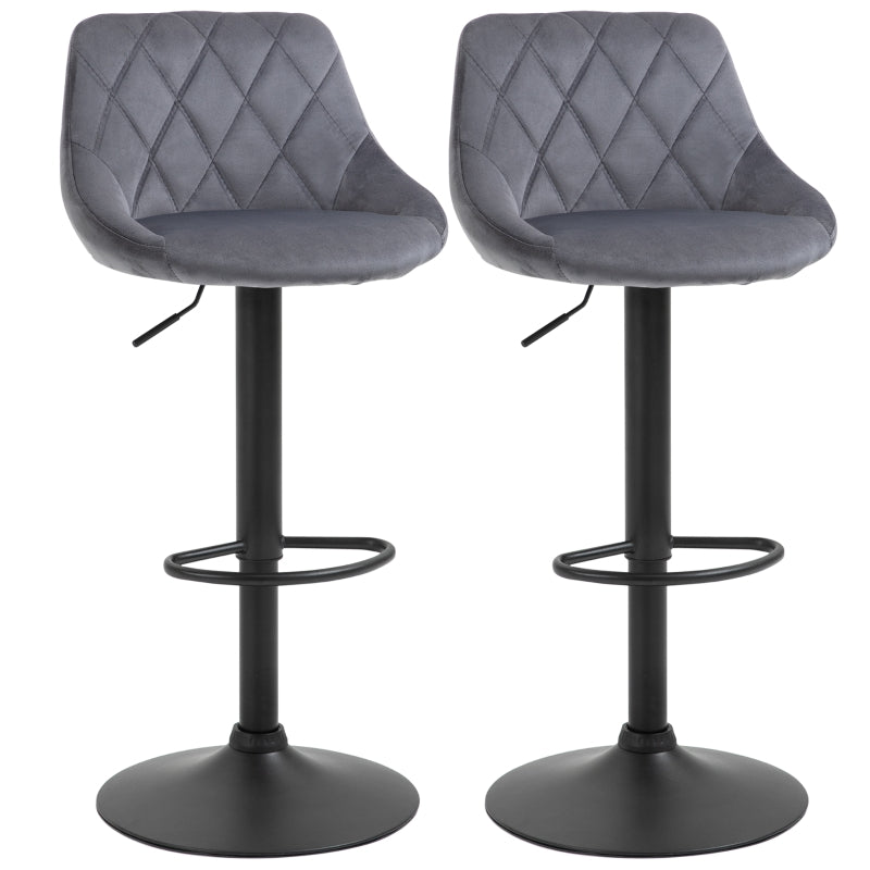 Set of 2 Bar Stools Height-Adjustable Swivel Backrest - Dark Grey Velvet Look