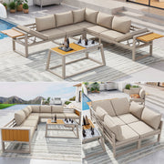 Modular Outdoor Sofa Set with Adjustable Backrest, Fold-out Armrests and Metal Ice Bucket, Grey/Beige