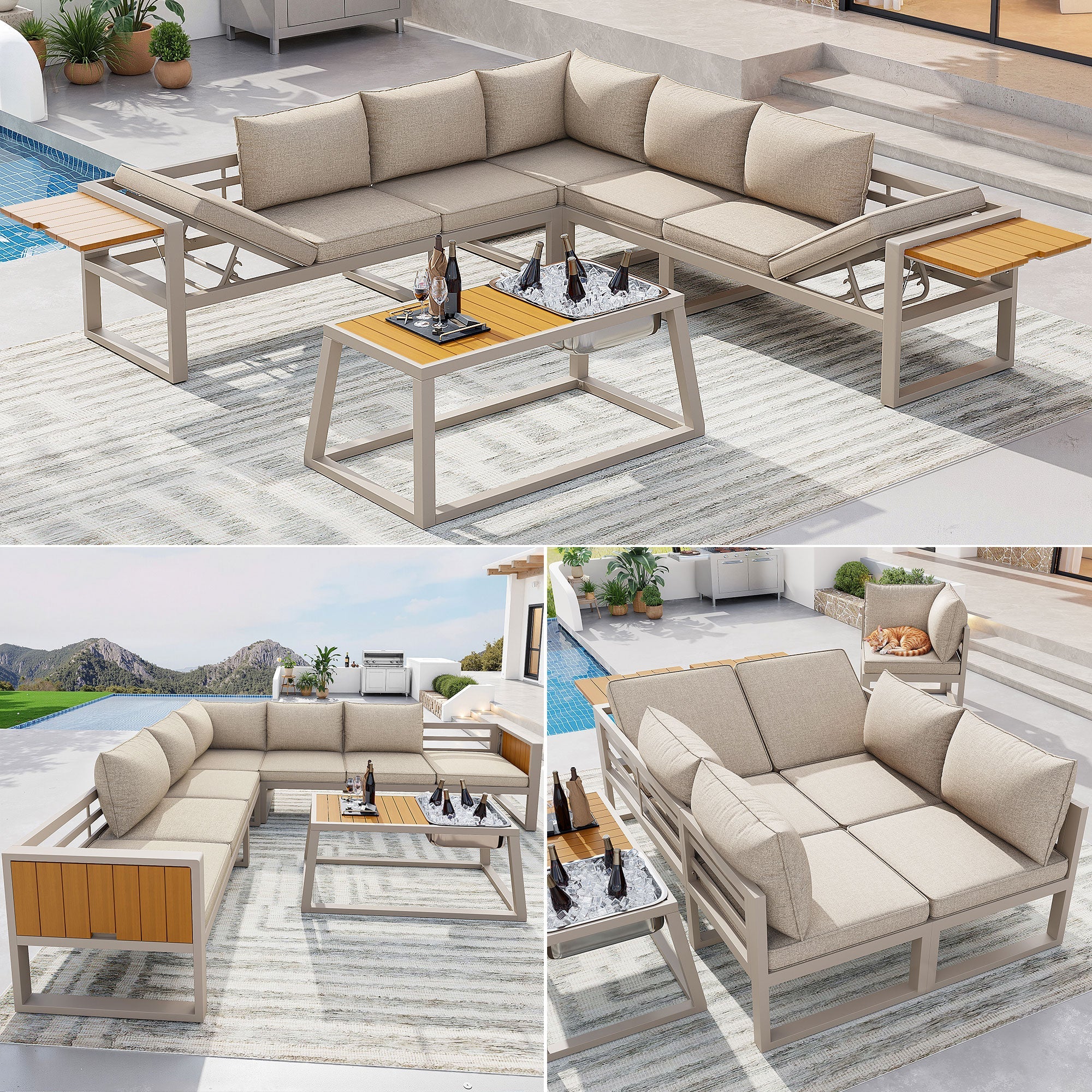 Modular Outdoor Sofa Set with Adjustable Backrest, Fold-out Armrests and Metal Ice Bucket, Grey/Beige