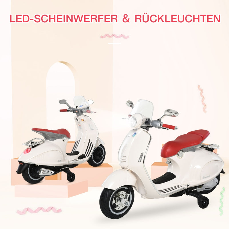 Children's Electric Motorcycle with 6V Battery, Headlight and Training Wheels, White