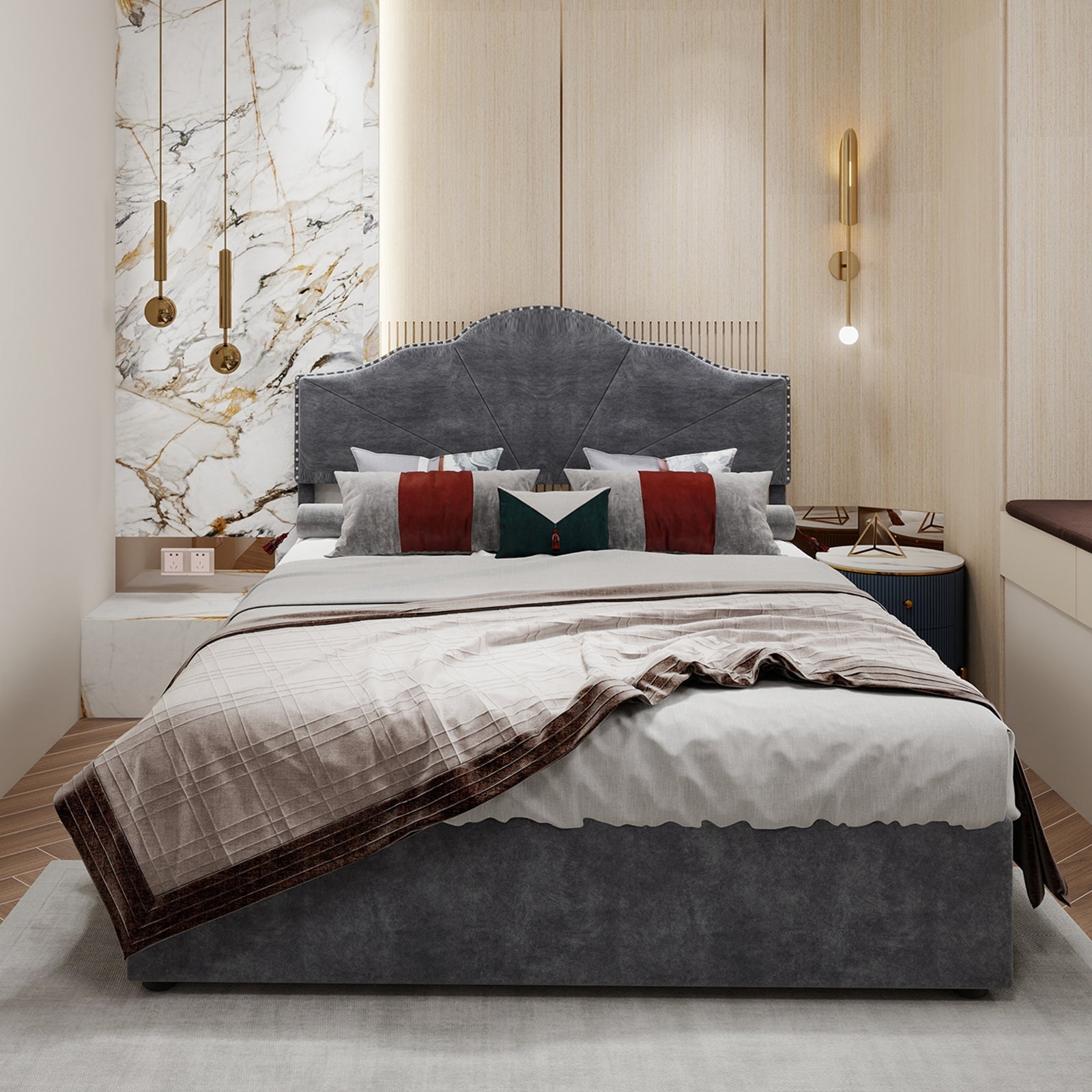 Modern Minimalist Soft Bed, High Box with Pneumatic Rod, 140*200CM, Gray