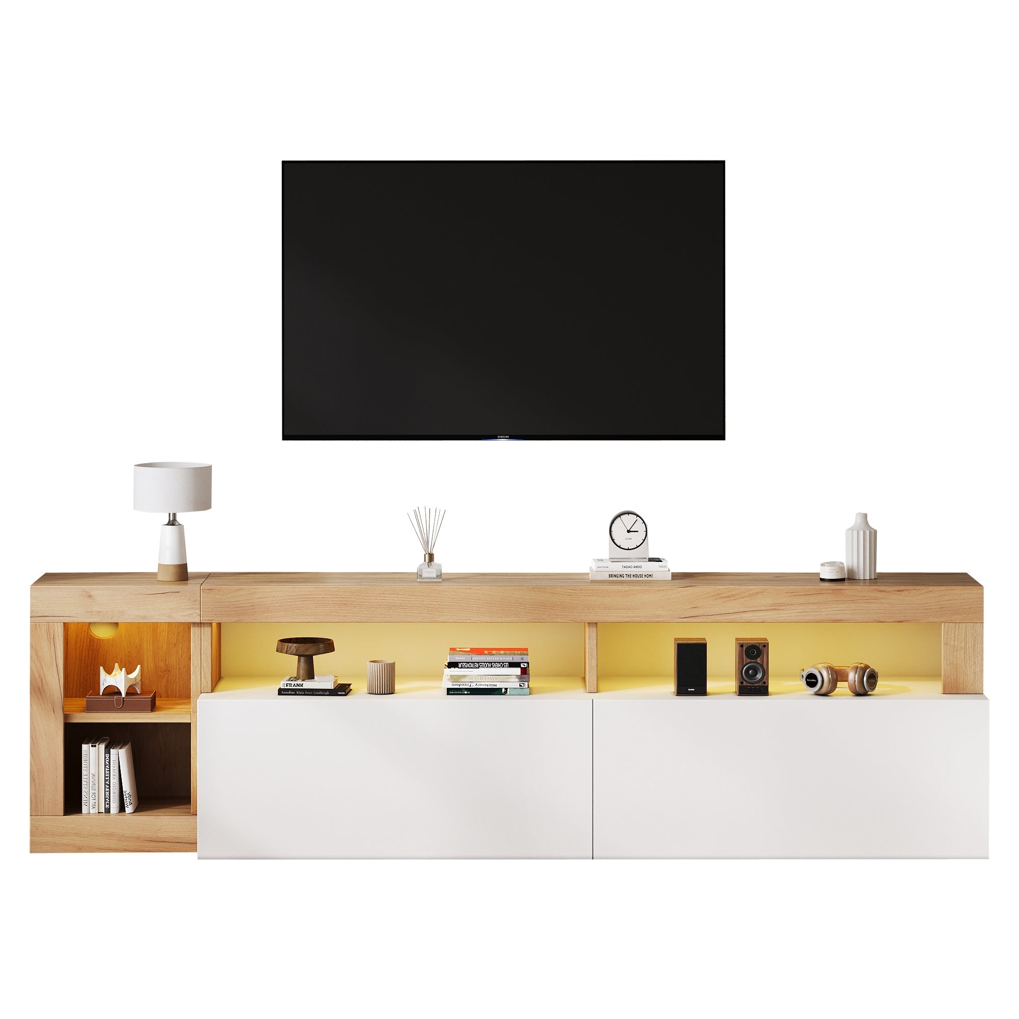 Modern TV Cabinet, 80 Inch, Open Storage, LED Light, Wooden Frame White