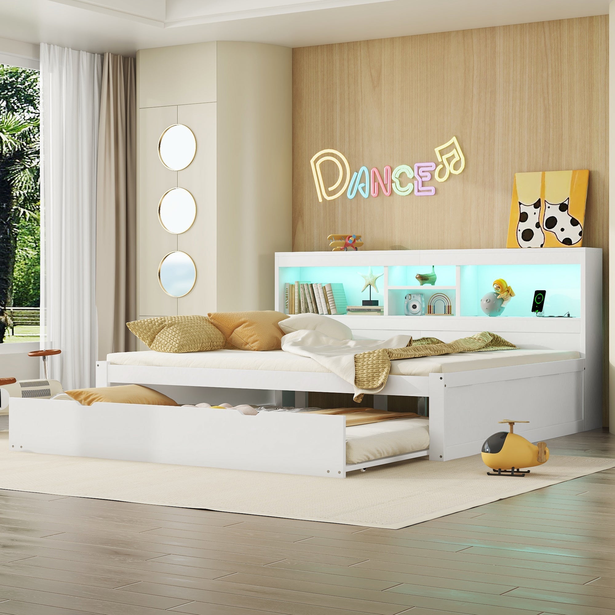 Daybed Sofa Bed 140x200cm Pull-out Bed LED Storage USB/Power Outlet - White