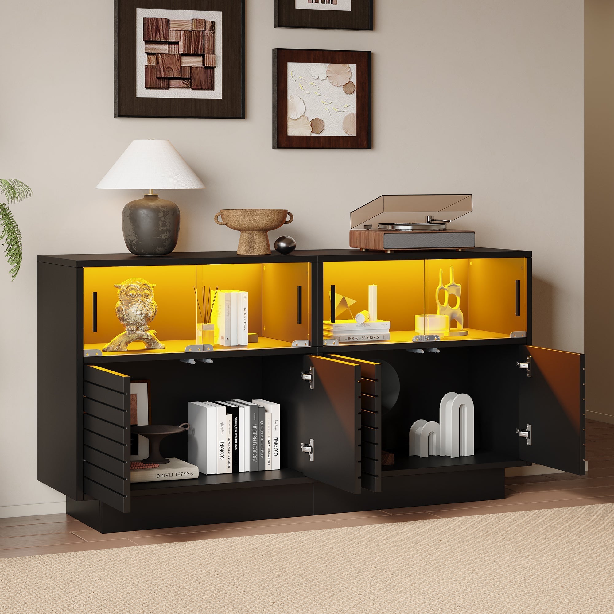 Sideboard, 130cm Glass Door Cabinet with LED Light, Modern Highboard