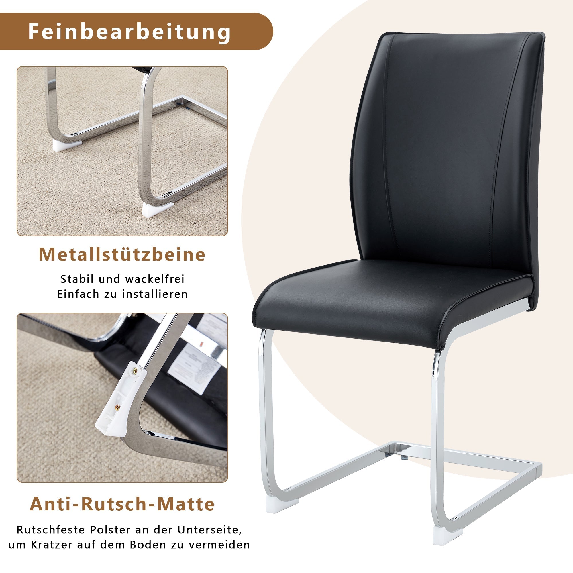 Stühle (4er-Set), bequem mit silberfarbenen Metallbeinen, schwarzes PU