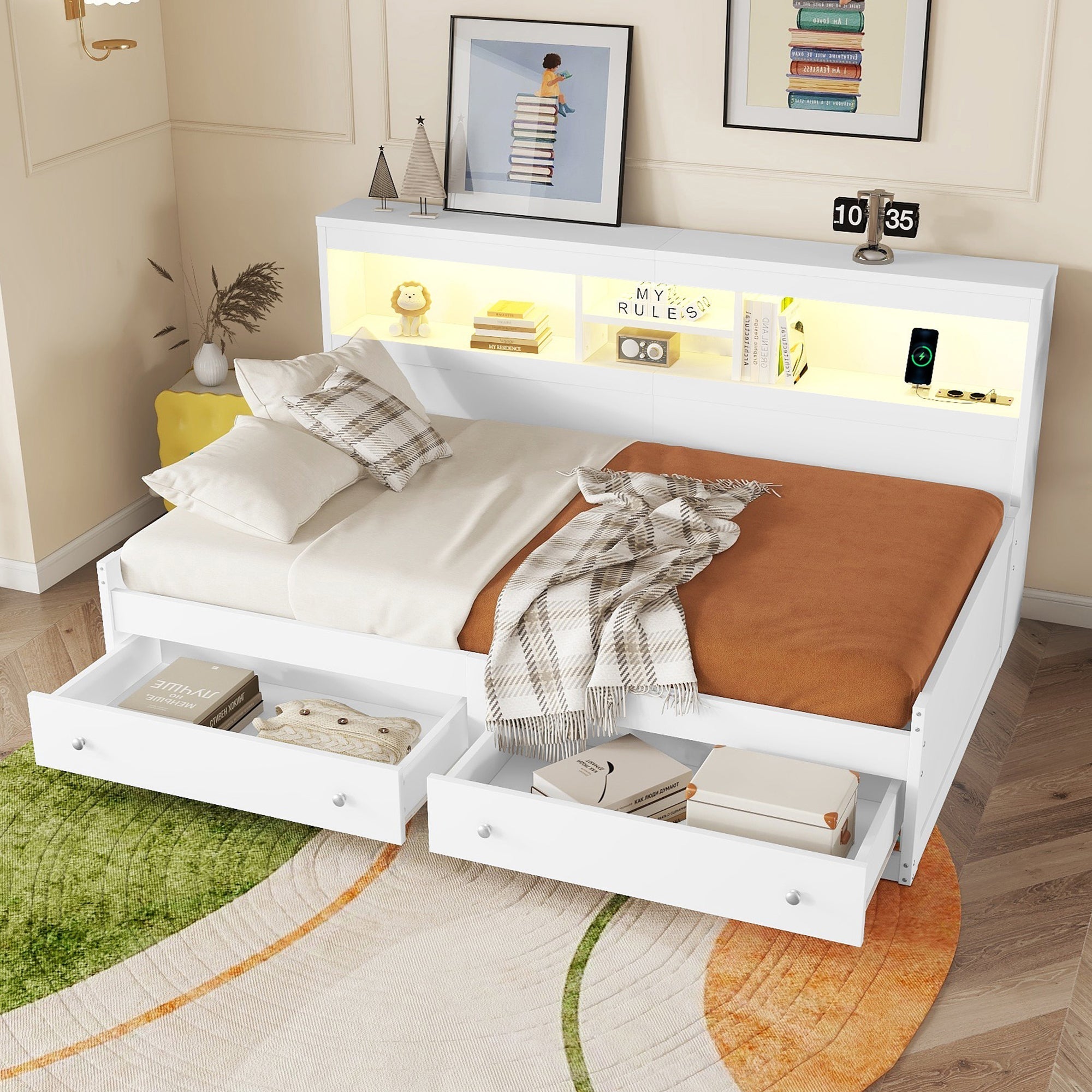 Daybed Sofa Bed 90x200cm Storage Drawers LED USB Charging - White Chipboard
