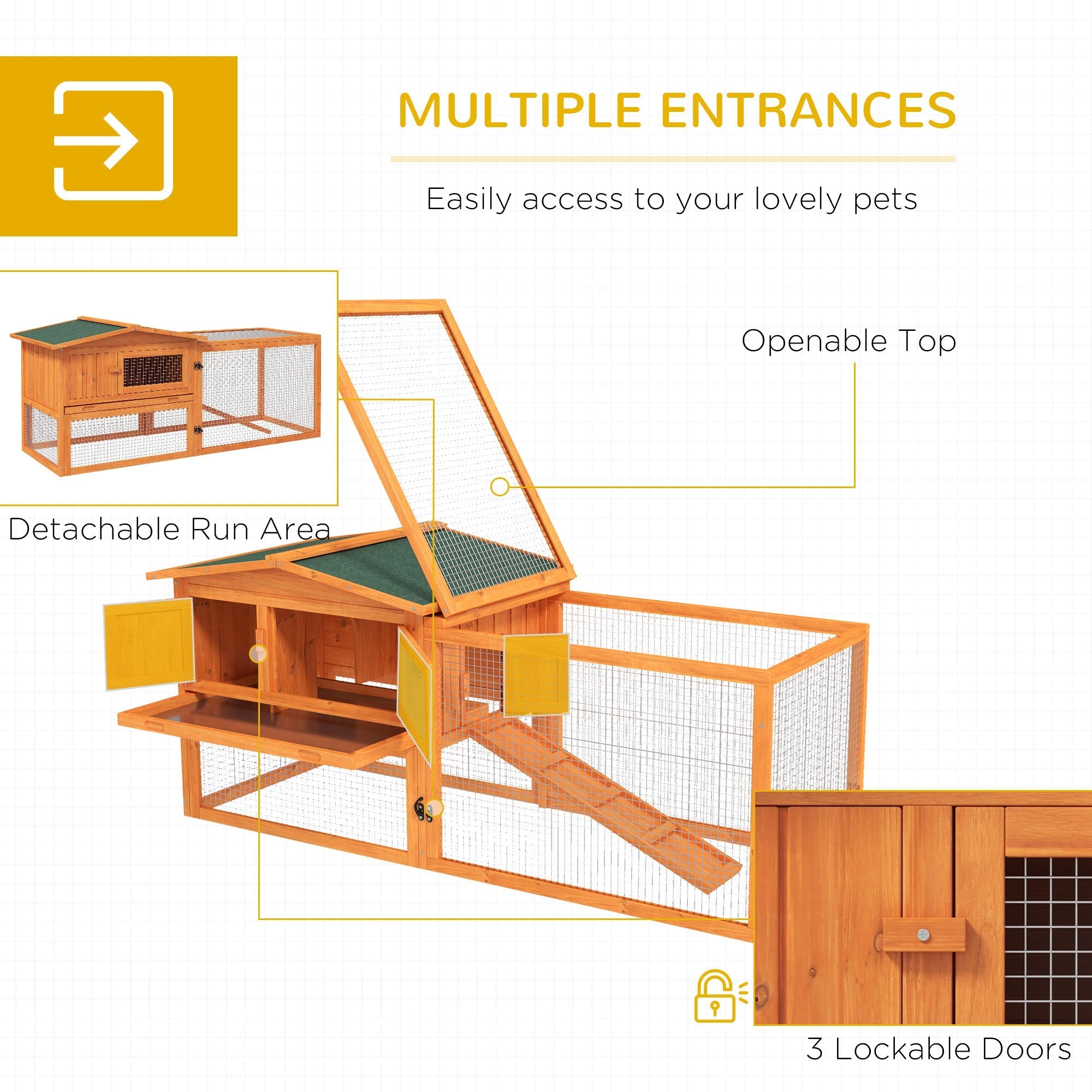 Small Animal Hutch, Indoor Outdoor with Tray & Ramp, Fir Wood, Orange