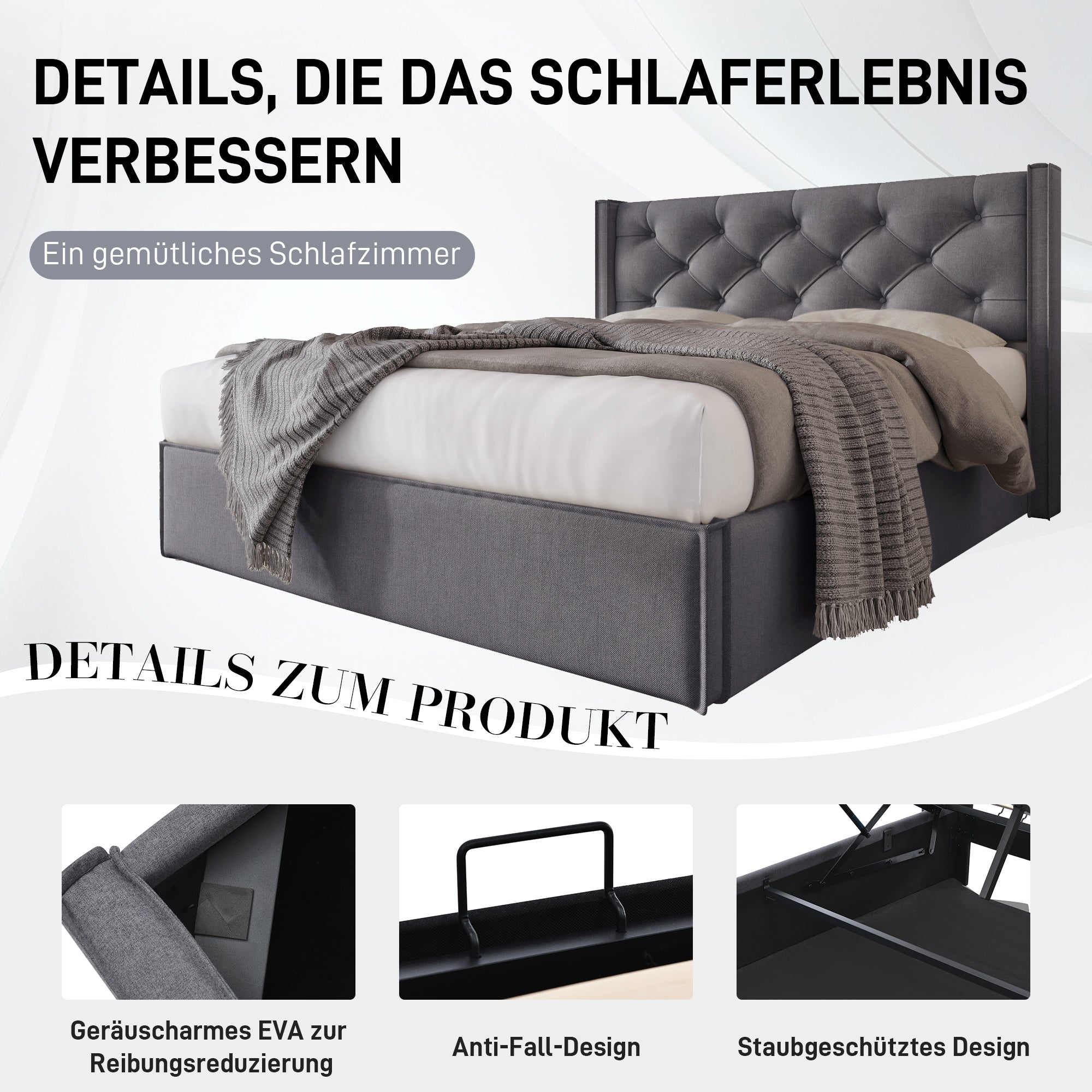 Hydraulic Double Upholstered Bed, 160x200cm, Metal Frame, Storage, Cotton, Grey