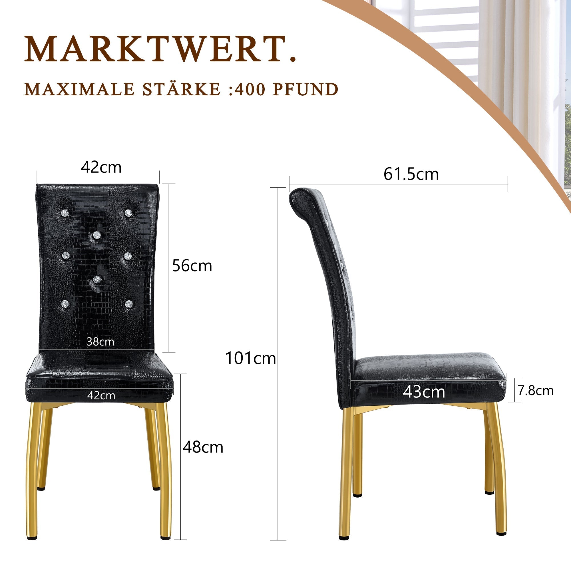Dining Chairs Set of 2 Retro Upholstered Alligator-Skin Crystal Buckle Gold Legs Faux Leather