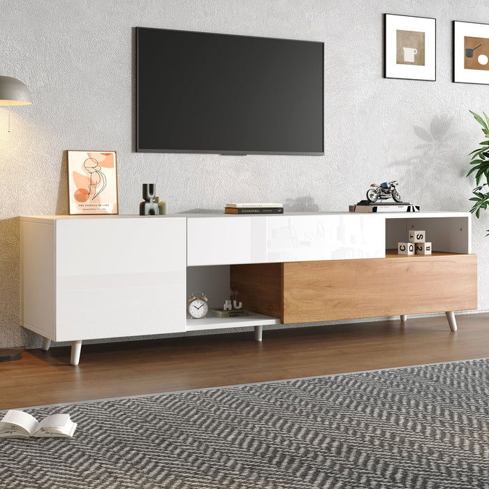 TV Cabinet, 180cm Lowboard with 1 Drawer & 7 Compartments, High-Gloss Finish