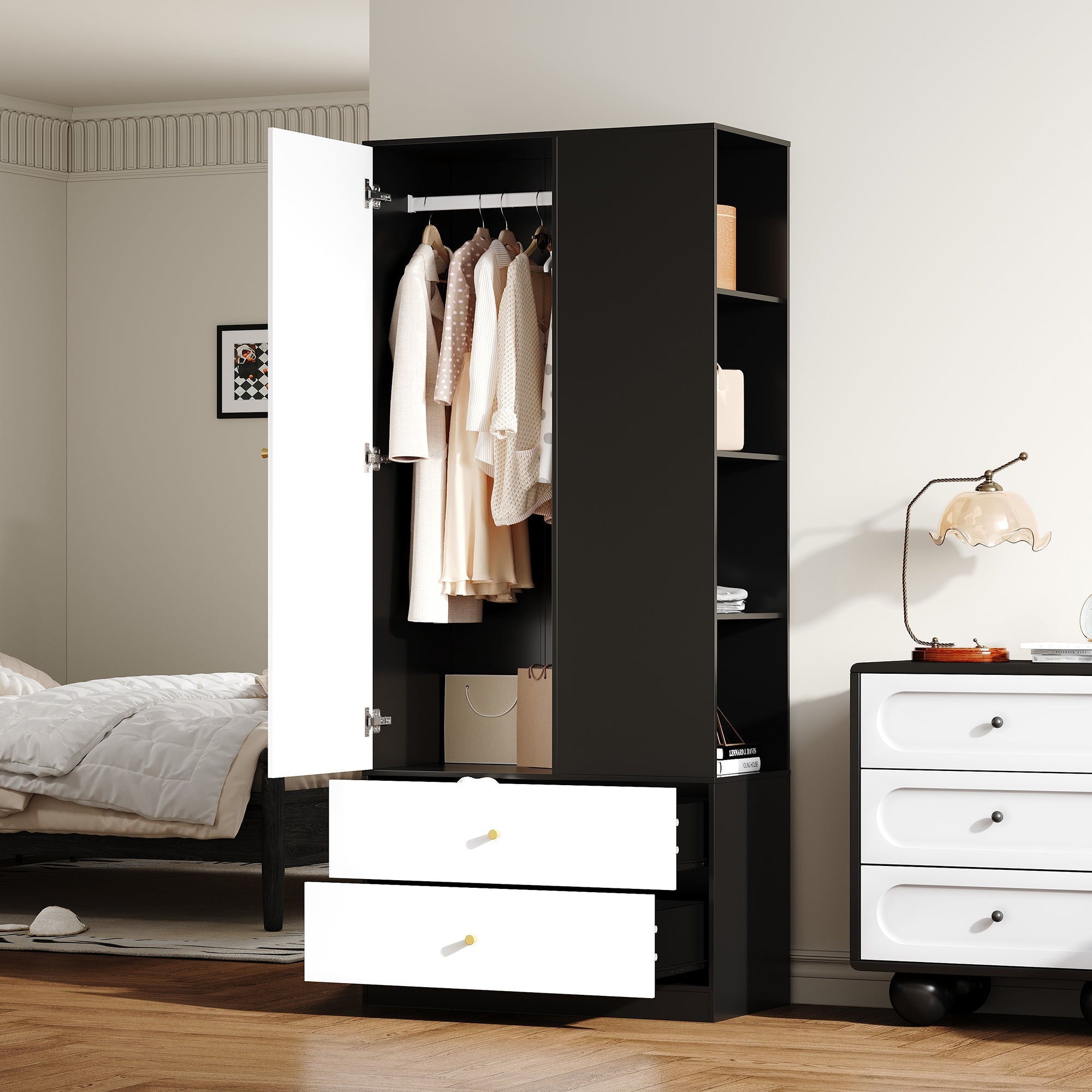 Wardrobe with Mirror 2 Drawers 4 Shelves Bedroom Storage 80x40x180cm White and Black