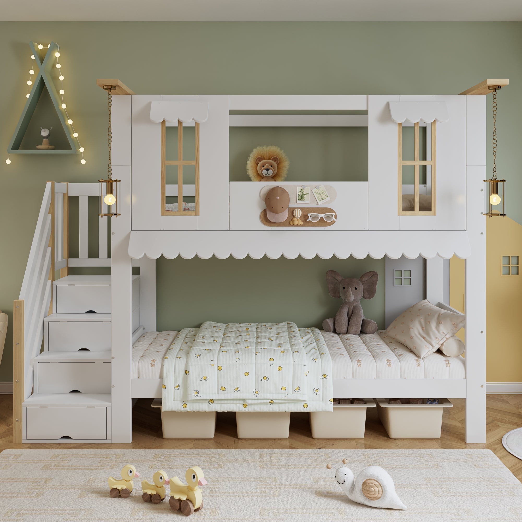Bunk bed, children's bed with storage stairs, exquisite windows, wavy roof edge, white + natural