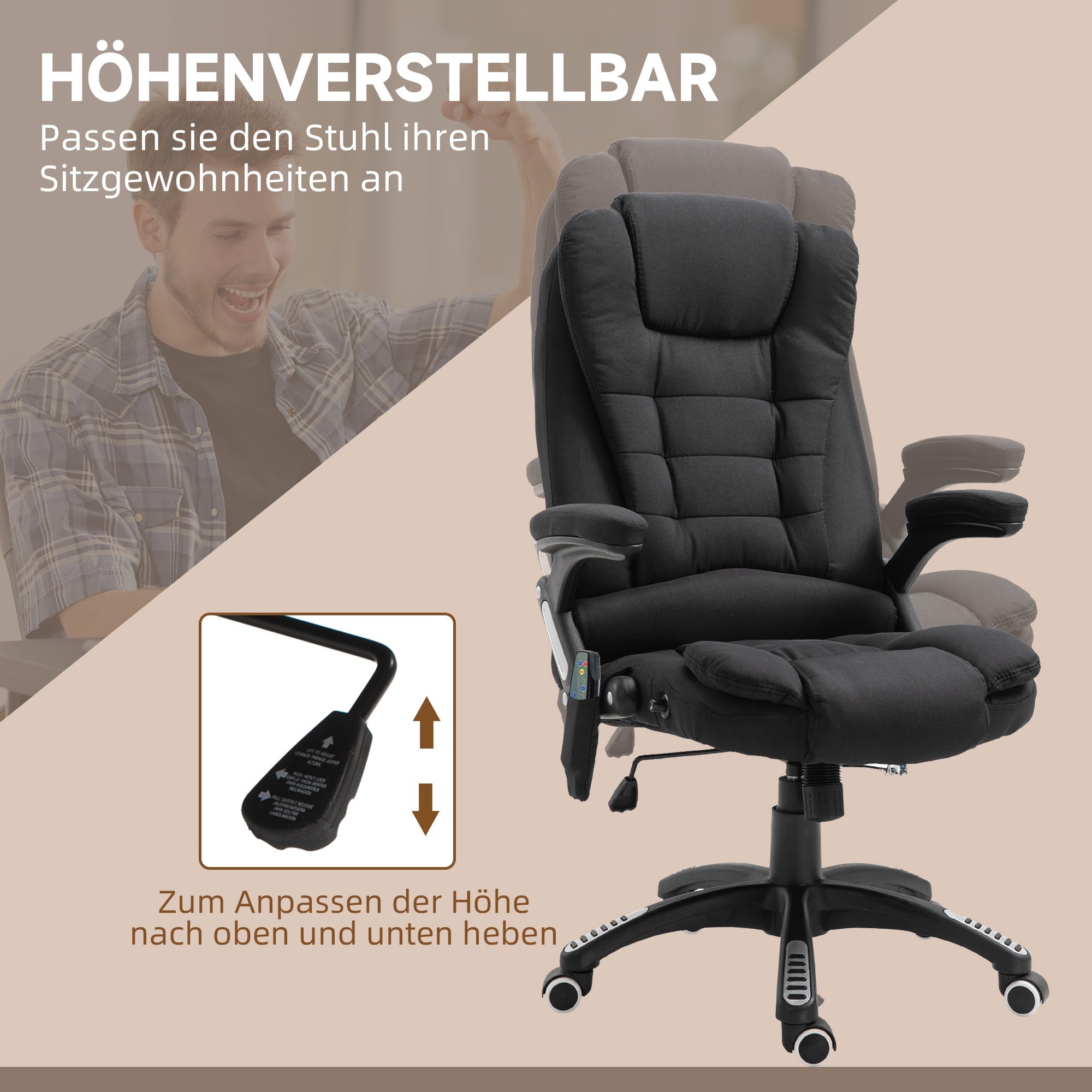 Vinsetto Office Gaming Chair, Massage Function, Height Adjustable, Black