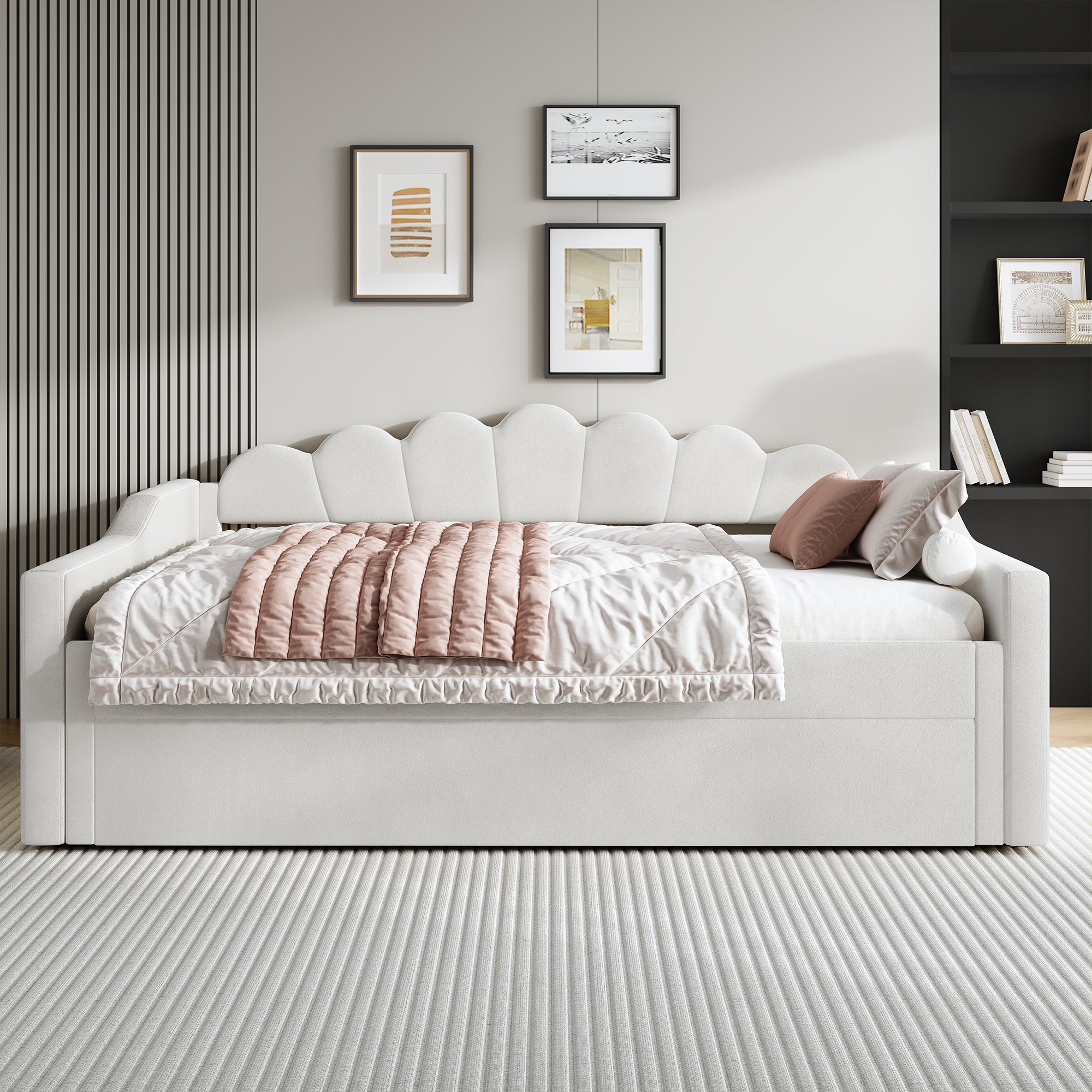 Daybed, Upholstered with LED Belt & Pull-Out, 140x200cm, Beige