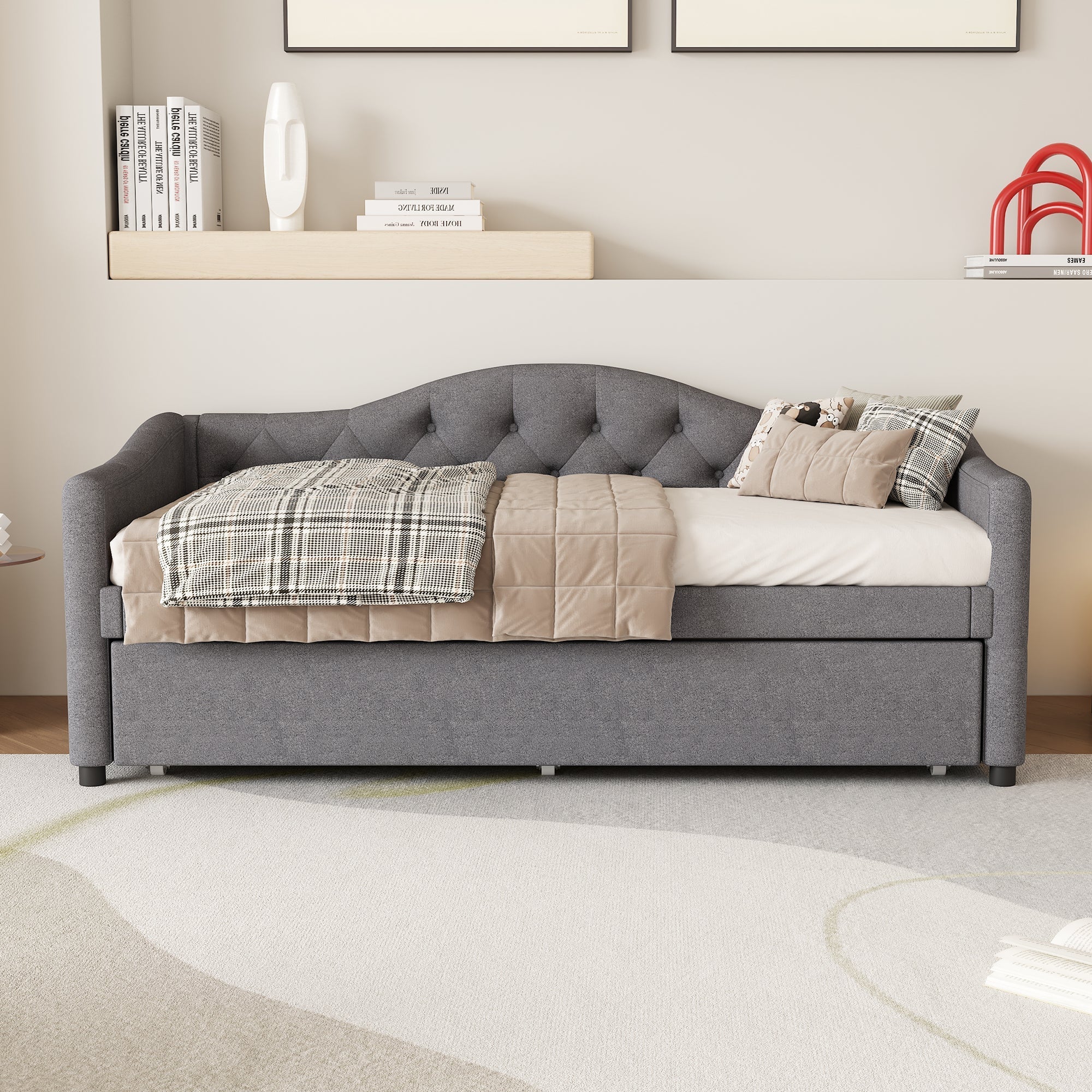 Daybed Sofa Bed 90x200cm Pull-out Bed Minimalist - Linen Grey